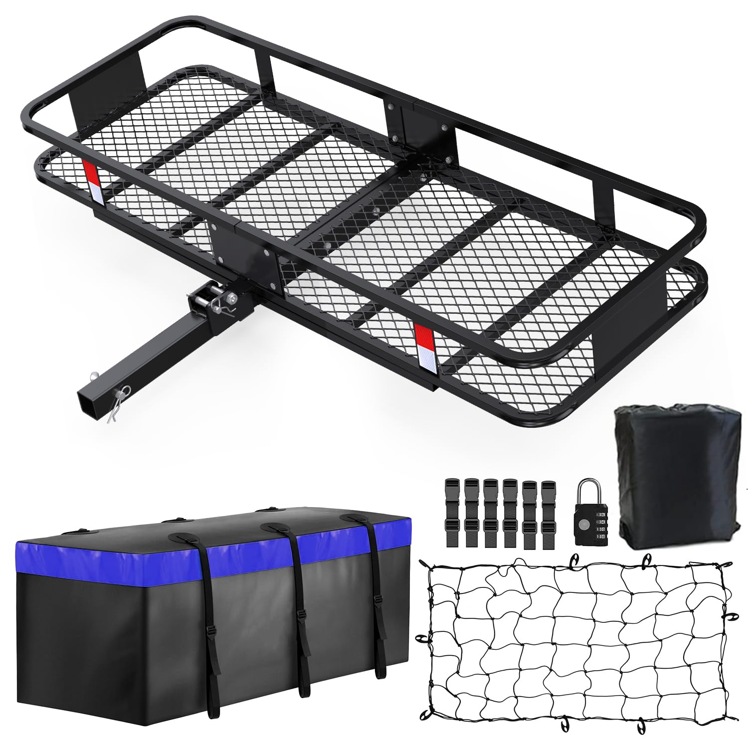 FORWODE Heavy Duty 60 x 24 Folding Hitch Cargo Carrier - 500LB Capacity, Waterproof Bag & Net, Fits 2 Receiver for Car/SUV/Campi