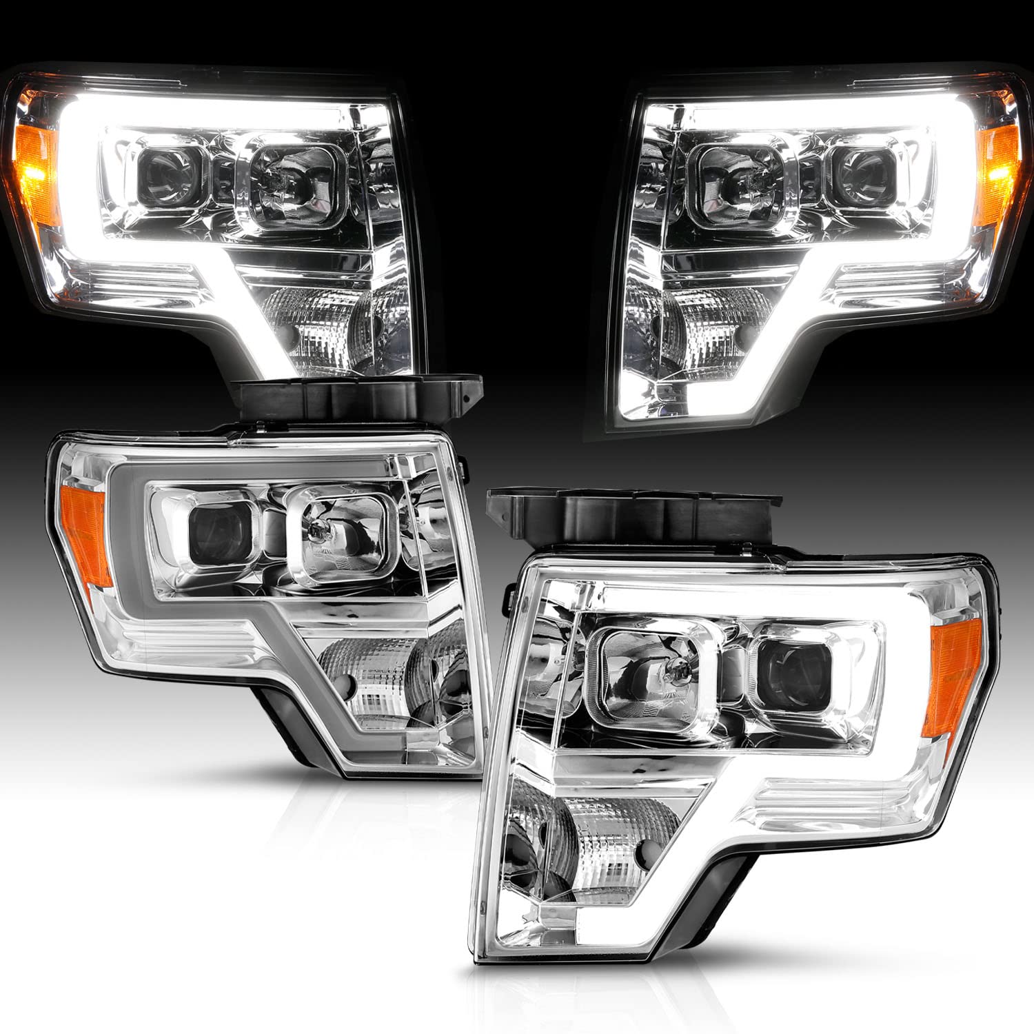 Amerilite For 2009-2014 Ford F150 Truck Led Bar Square Projector Chrome Replacement Headlights Set W/Halogen Bulb Socket - Drive