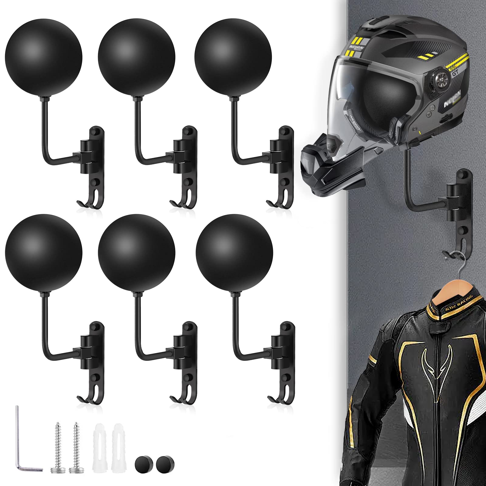 Motorcycle Helmet Rack Wall Mount With 180 Degree Rotation And 2 Hooks - Metal Helmet Holder Display Stand, Black, 6 Pcs