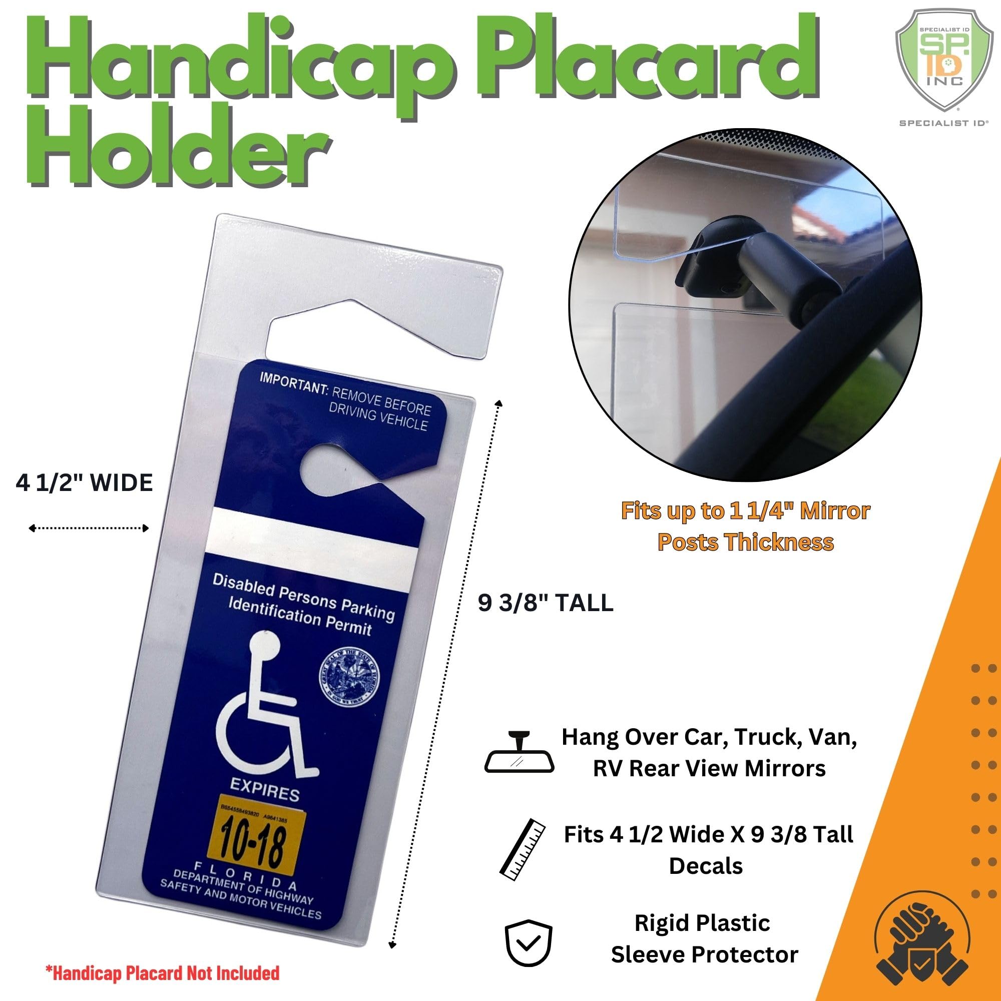 4 Pack - Clear Handicap Parking Placard Protective Holders - Rear View Mirror Disability Permit Hanger - Hard Flexible Plastic C