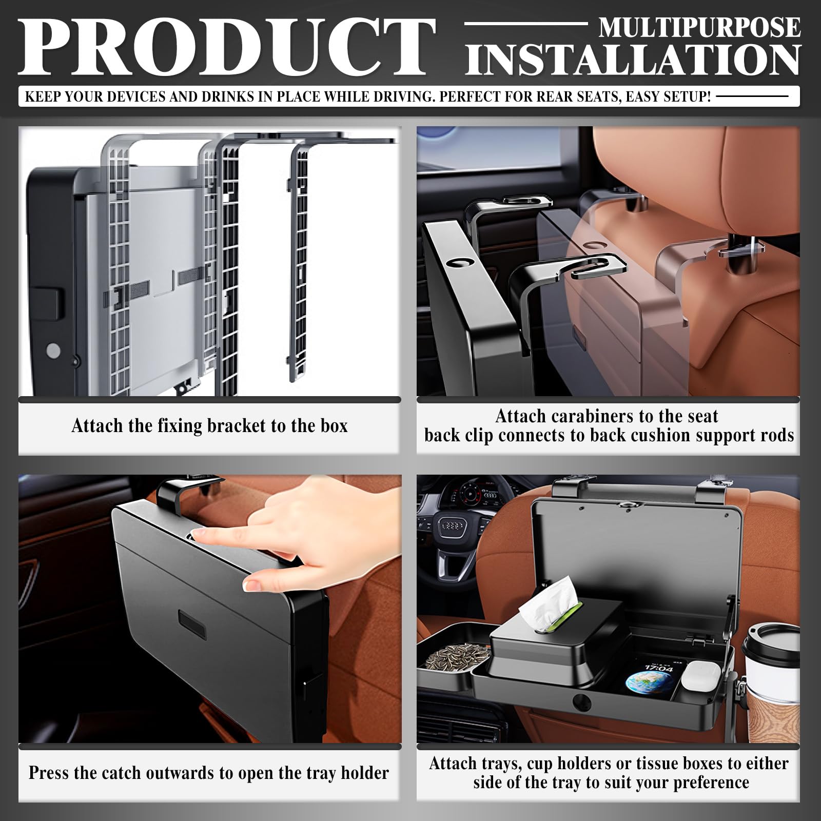 Car Seat Tray, Car Back Seat Organizer, Car Food Tray Table for Eating, Backseat Cup Holder, Headrest Food Tray for Car, Multifu