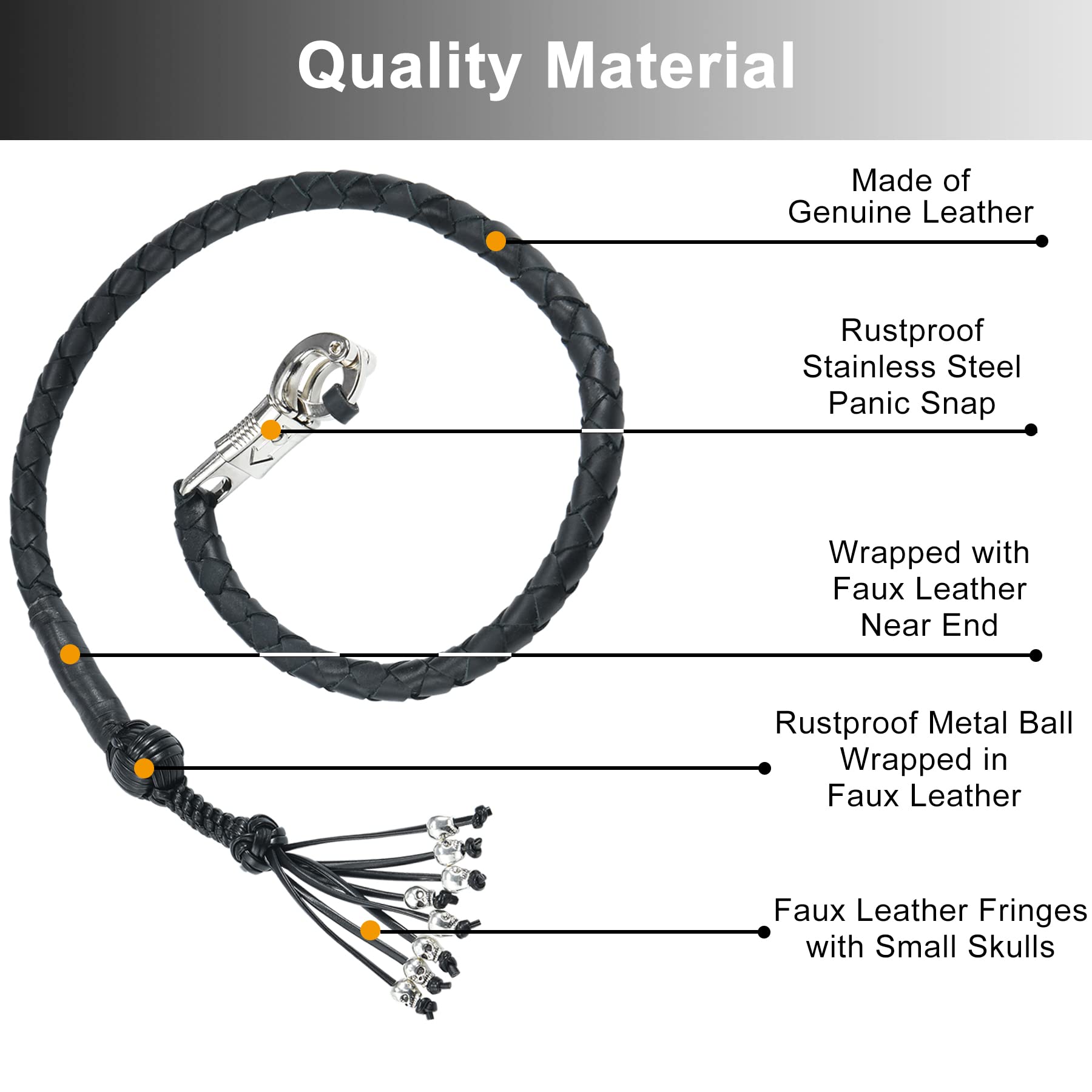 Dream Apparel 36&quot; Motorcycle Get Back Whip Genuine Leather Biker Whip for Handlebar, Motorcycle Whip with Fringes and Skulls, Black and Orange