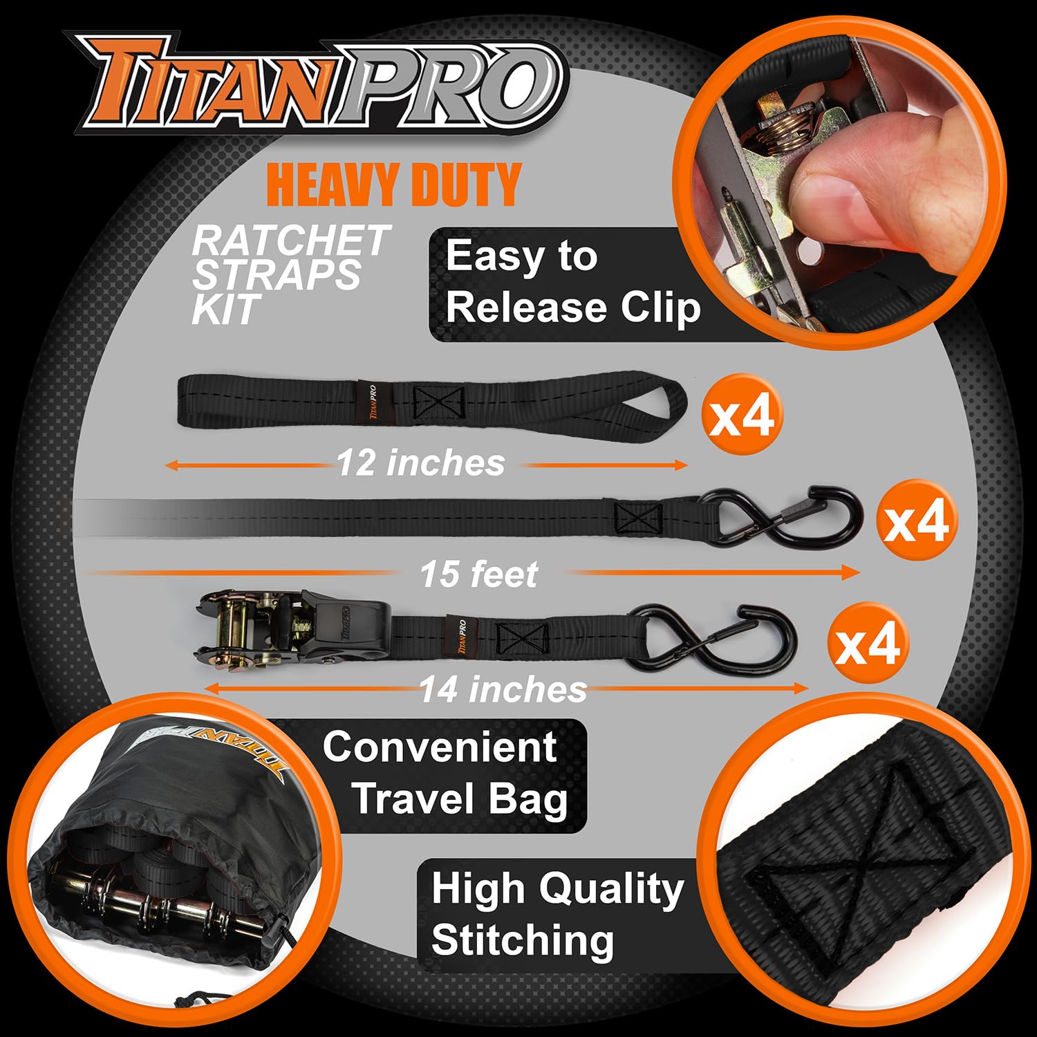 TitanPro Ratchet Tie Down Straps 4-Pack - 2,200lb Test Strength, Premium 1'' x 15' Rachet Tie Downs with Padded Handles | Heavy