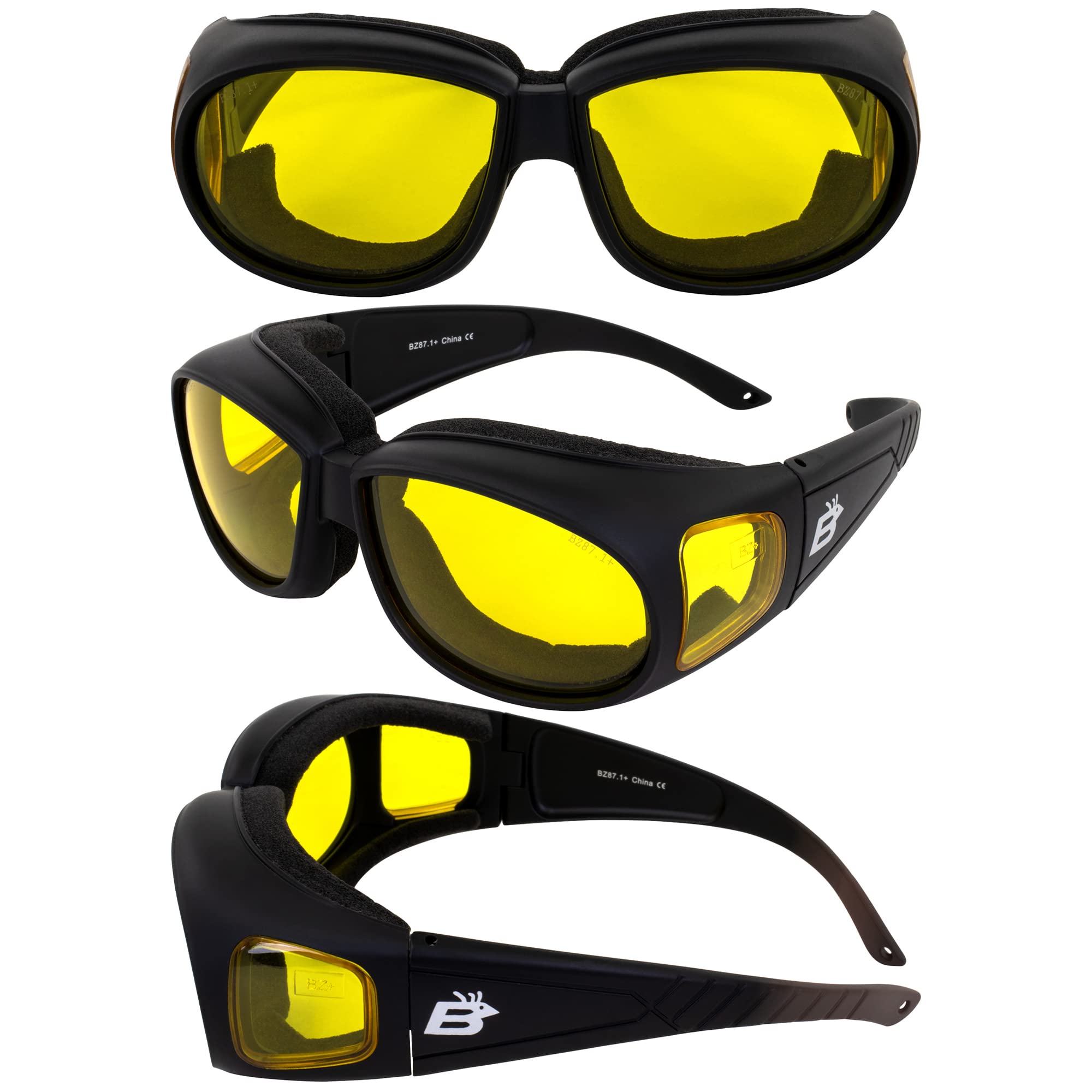 Birdz 3 Pair Swallow Fit Over Glasses Foam Padded Motorcycle Riding Safety Glasses Black Frame Clear Smoke Yellow Lens