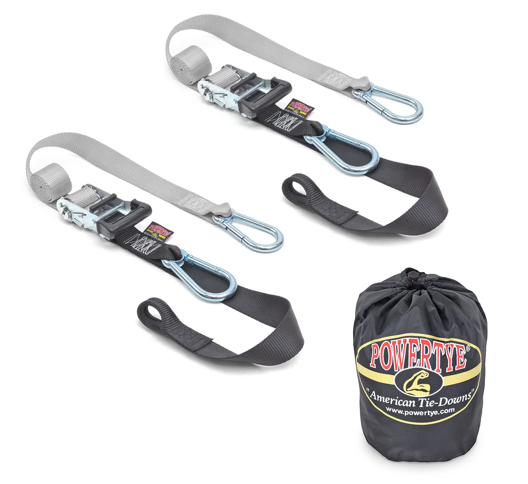 Powertye - Made In Usa - Heavy Duty Ratchet Tie Down Straps With Carabiner Hooks, Soft-Tye & Storage Bag, For Motorcycle, Atv, T