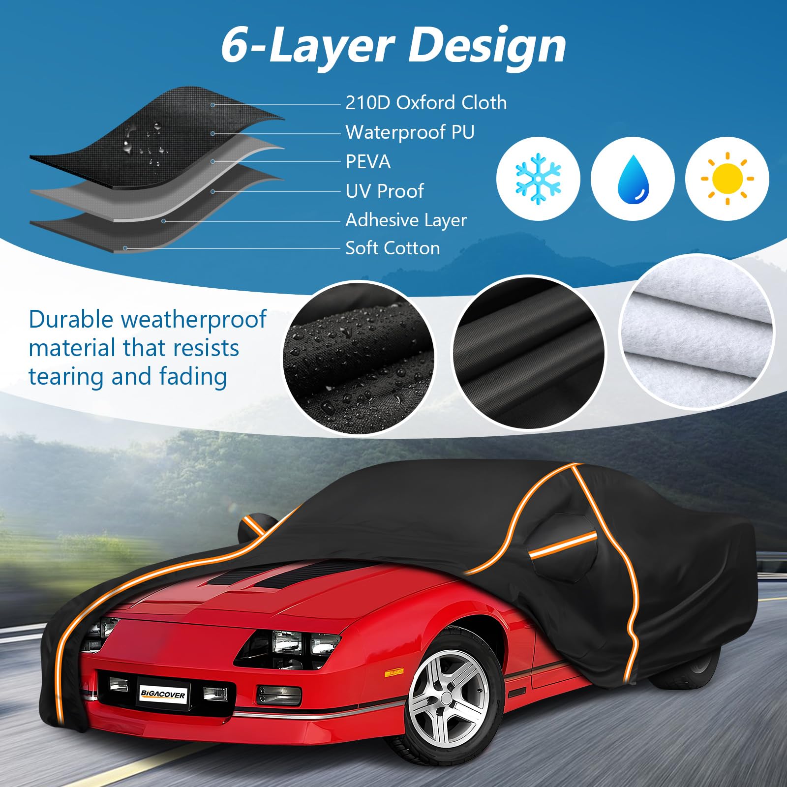 Car Cover For Chevy Camaro 1982-2002, Waterproof 210D Oxford Cloth And Cotton Cover Outdoor Full Car Covers With Zipper Windproo