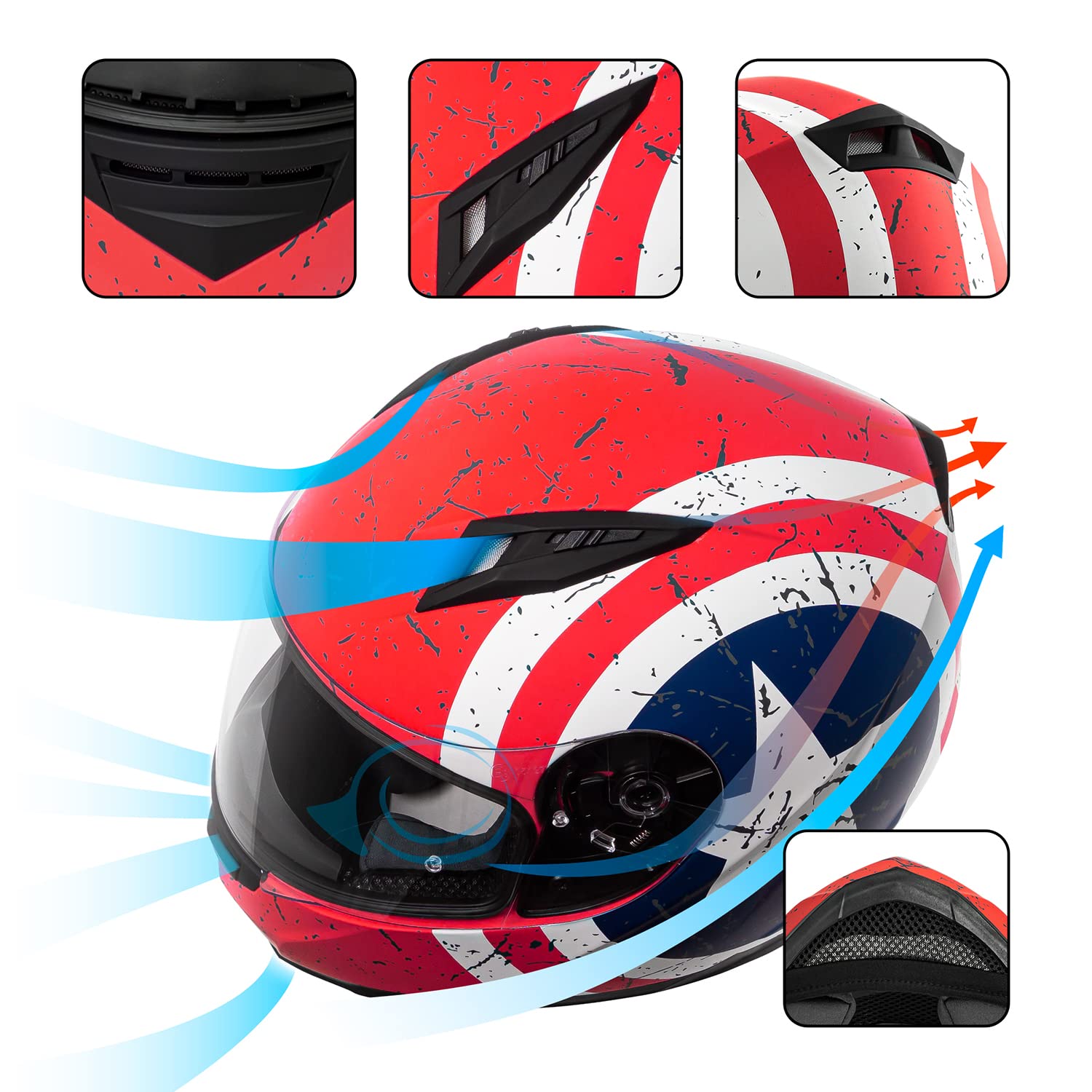 Vcan Vx Lightweight Full Face Motorcycle Street Bike Helmet With Extra Tinted Visor Dot Approved (Rebel Star, Medium)