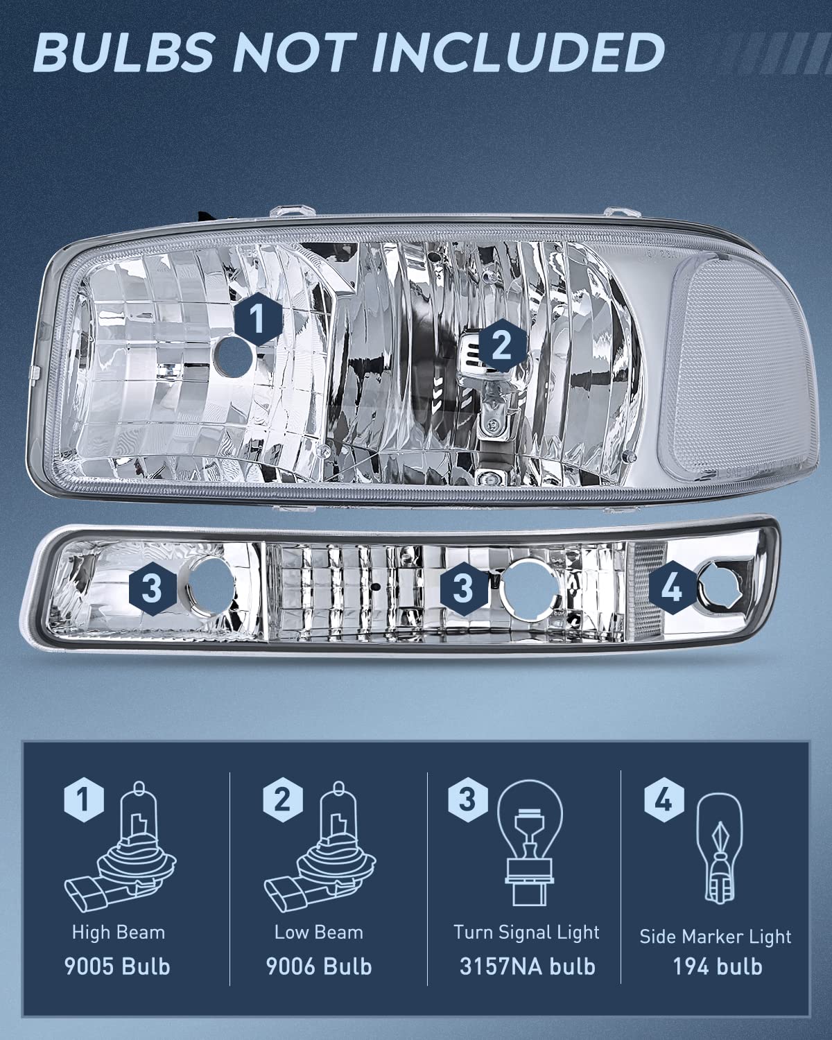 Nilight Headlight Assembly Compatible for 1999 2000 2001 2002 2003 2004 2005 2006 GMC Sierra Yukon, Chrome Housing Clear Corner Clear Lens, Headlights Assembly Replacement