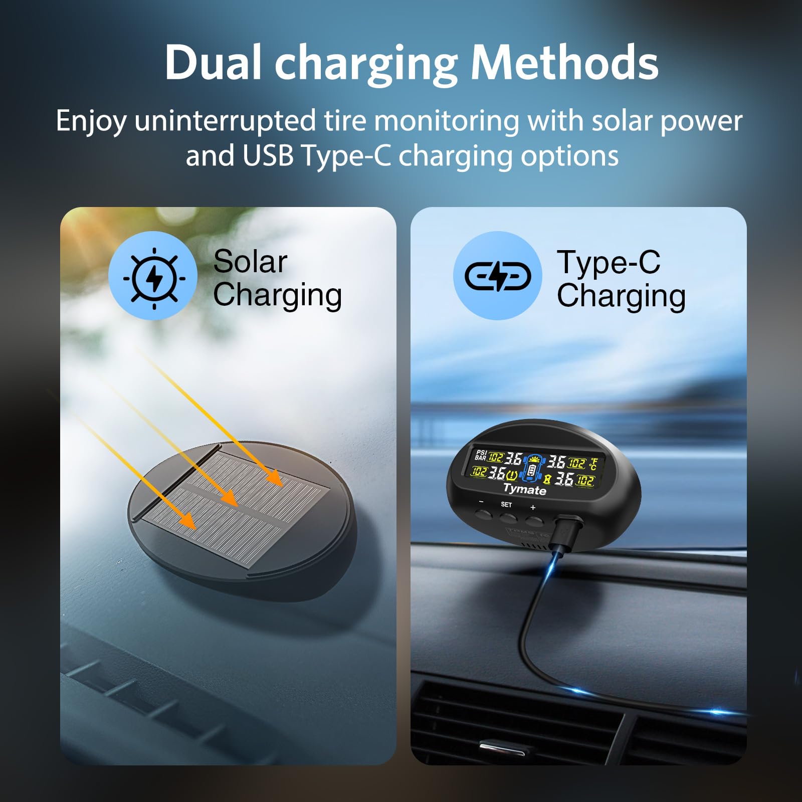 Tymate TM9 Tire Pressure Monitoring System, Compact Wireless Solar TPMS with 4 External Sensors & 6 Alarm Modes, Install on Wind