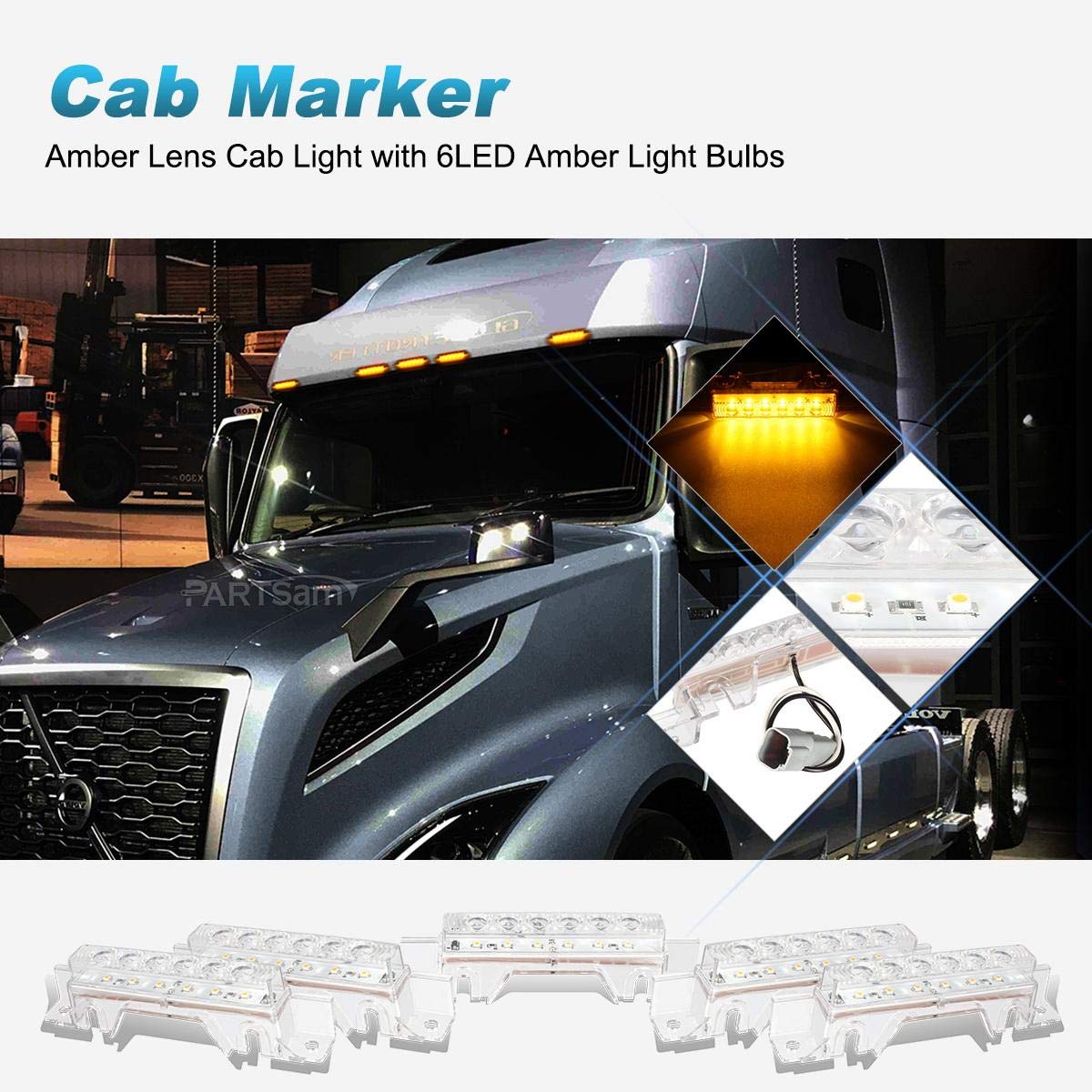 Partsam 5Pcs Clear Lens 6Led Amber Cab Light Truck Trailer Top Cab Marker Roof Running Light Waterproof Reflective Lights Assemb