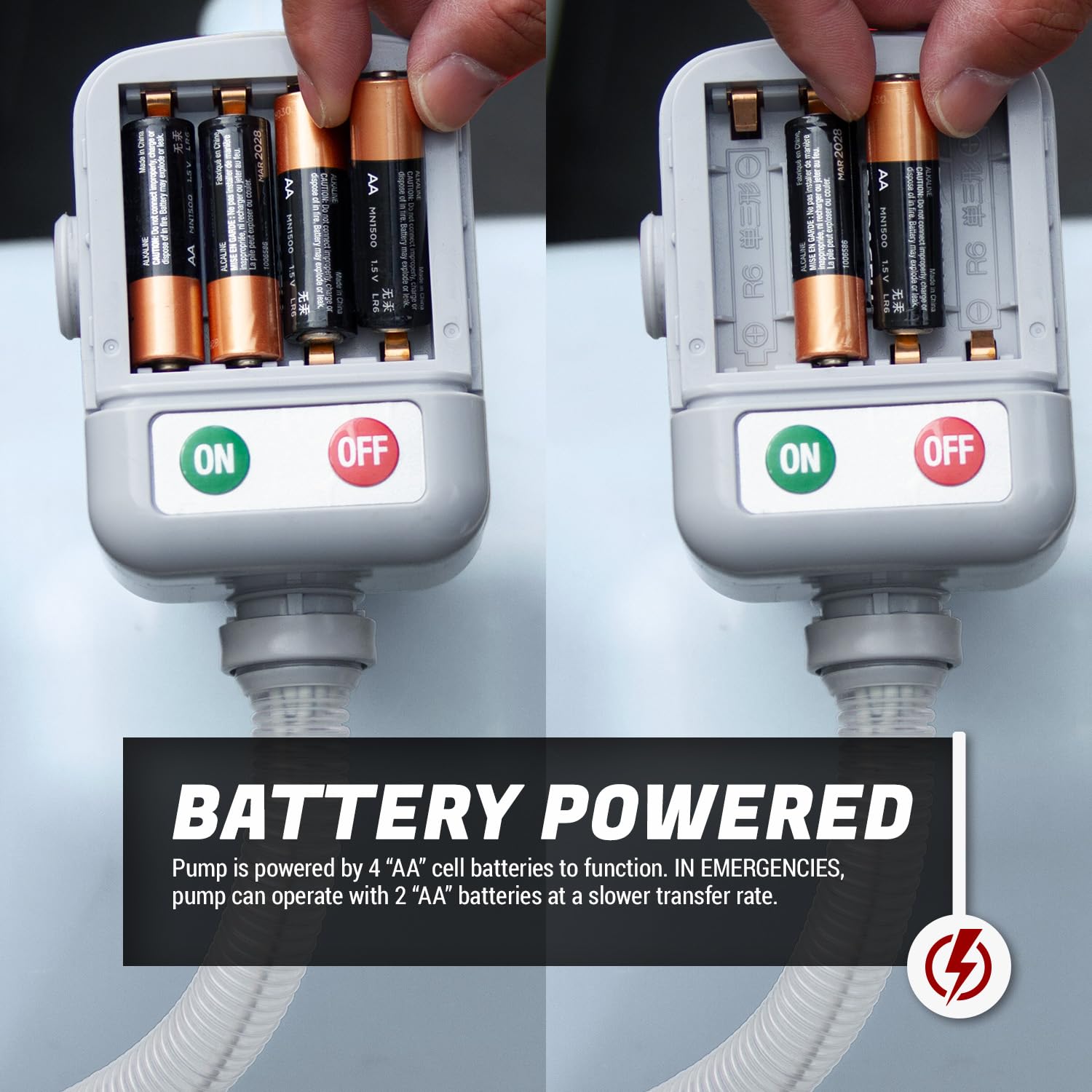 TERA PUMP Battery Powered Chemical Resistant Fuel Transfer Pump (2.3 GPM) for Methanol, Ethanol, DEF, Window Washer Fluid with Auto Stop Sensor, 4.25ft Outtake Hose