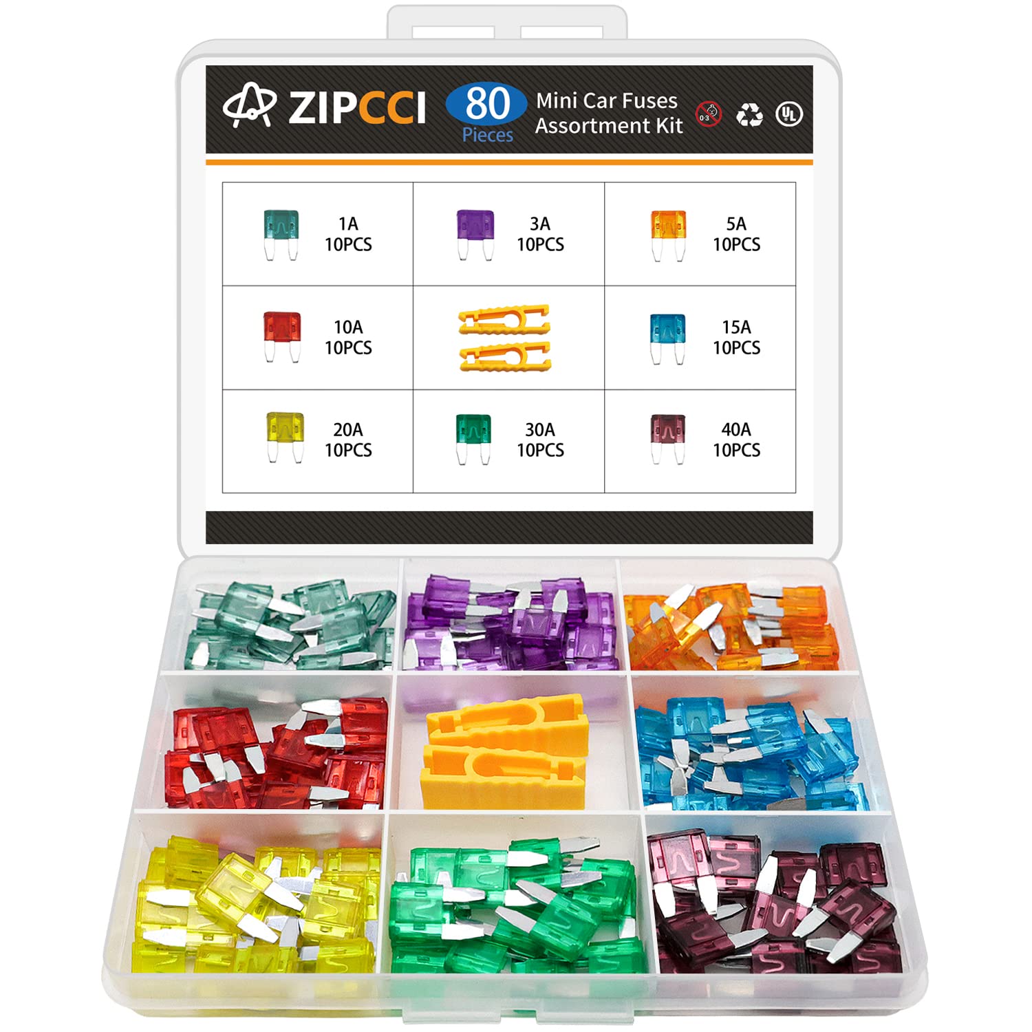 Zipcci 80 Pcs Mini Car Fuse, Fuses Assortment Kit(1A/3A/5A/10A/15A/20A/30A/40Amp) Automotive Blade Fuse For Rv, Truck, Marine, A