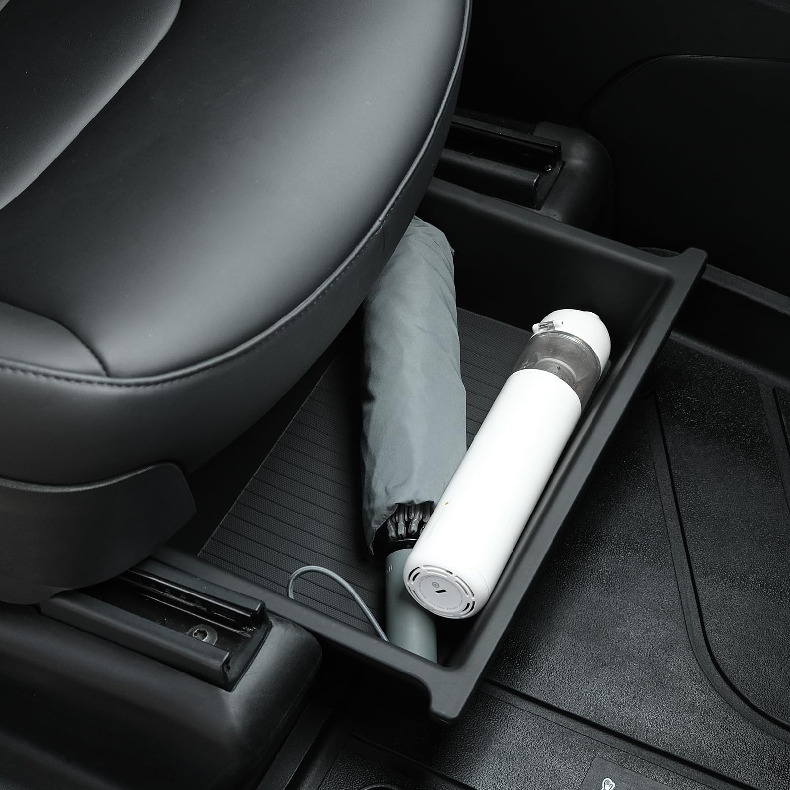 Jawjut Front Under-seat Storage Box compatible with Tesla Model y Model x, Waste Bin Accessory, ABS+TPE Double Hidden Design