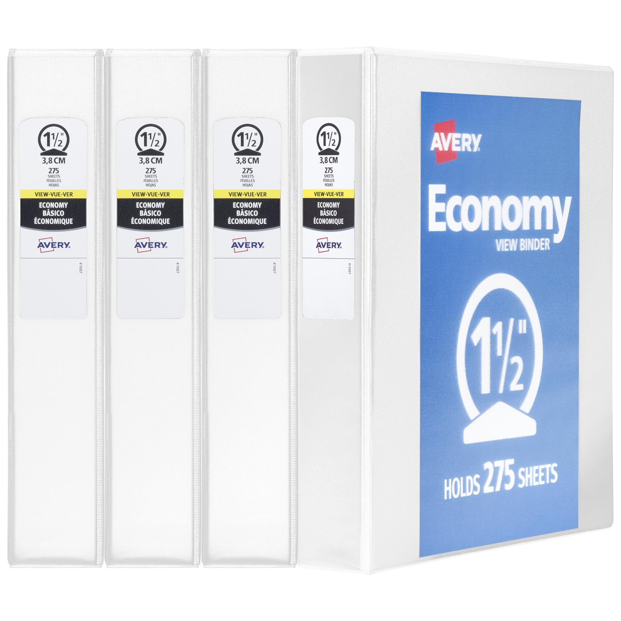 Avery Economy View 3 Ring Binders, 1.5'' Round Rings, 4 White Binders (19201)