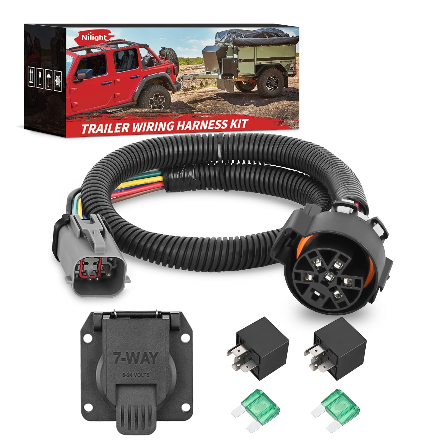 Nilight 7 Pin Trailer Wiring Harness Kit 55243 Vehicle Side 7 Way Rv Blade Uscar Plug Compatible With 1999 2000 2001 Ford F250 F