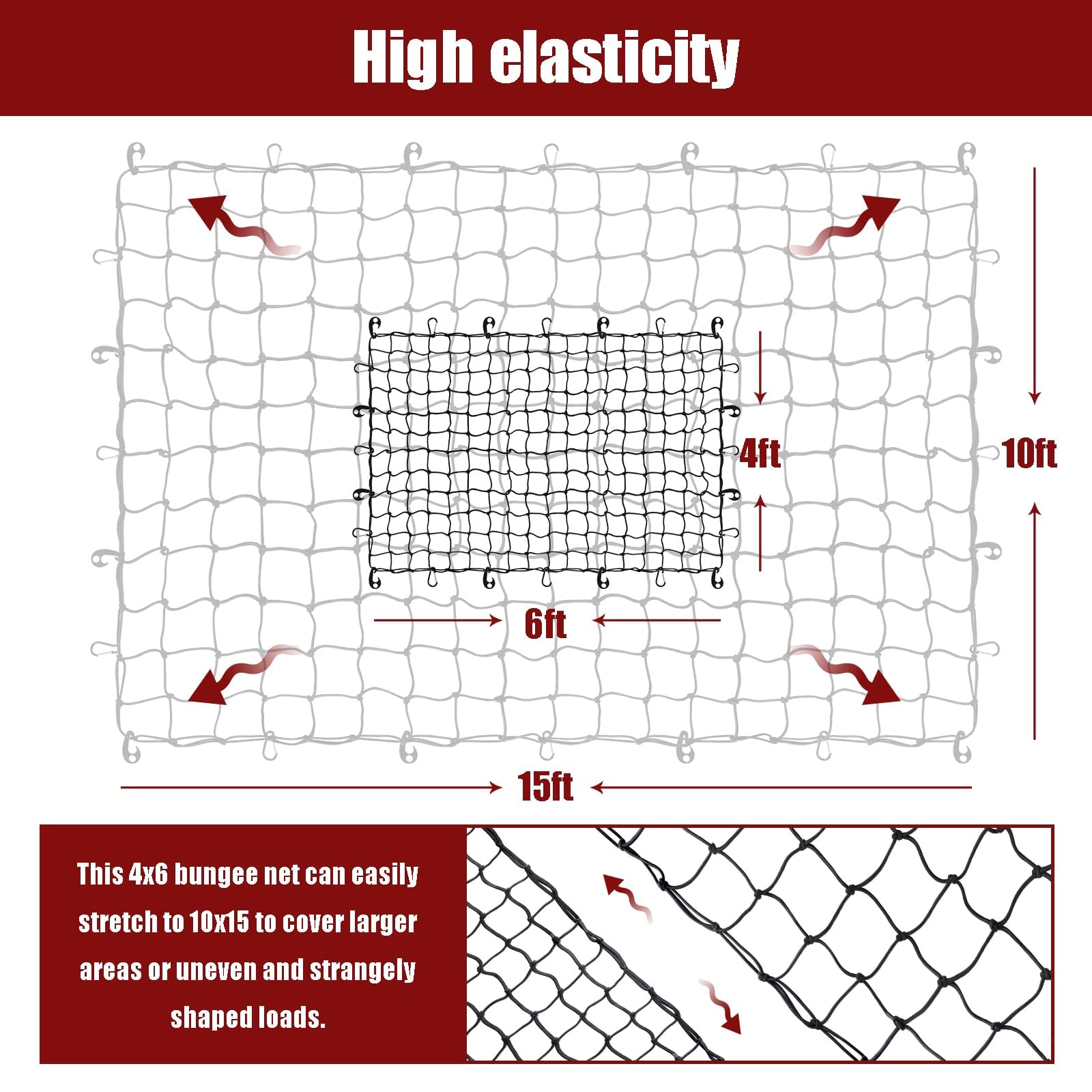 Heavy Duty Cargo Net for Pickup Truck Bed - 4 ' x 6 ' Stretches to 10 ' x 15 ' - Small 4 ''x4 '' Latex Bungee Net Mesh with 24 C