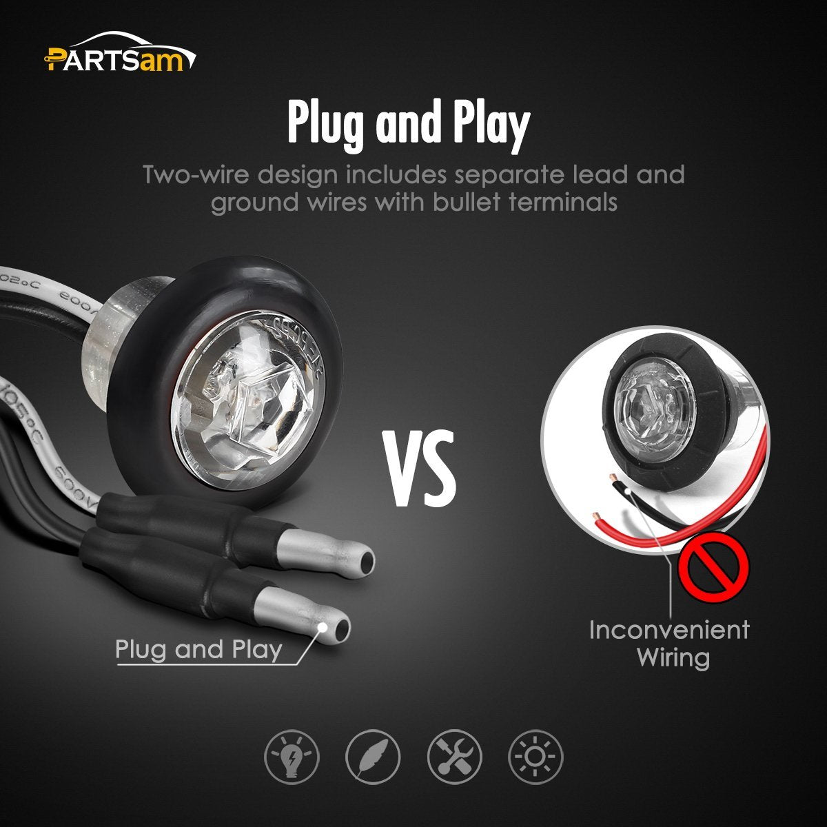 Partsam 10X Amber 3/4'' Round Bullet Trailer Amber Led Side Marker Clearance/Grill Lights Kit Grommets Clear Lens W/Plug Connect