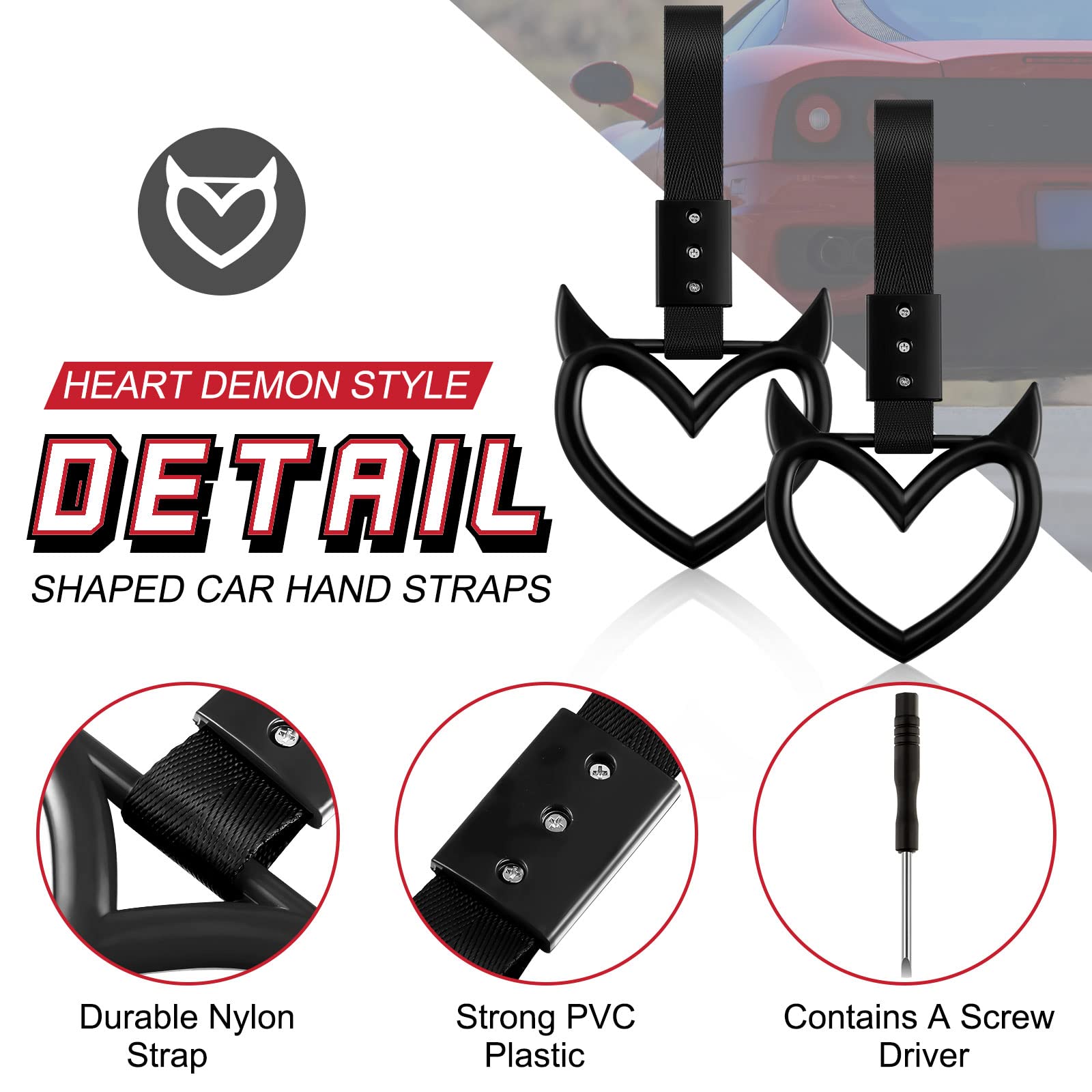 Fabbay 2 Pieces Heart Handle Keychains Car Accessory Heart Hand Strap Drift Charm For Car Interior Exterior Decoration(Black,Dev