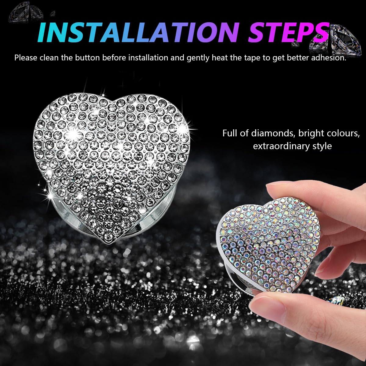 Sylvil Bling Car Engine Start Button Cover, Heart Shape Diamond Push Start Button Sticker, Sparkly Rhinestone Ignition Button De