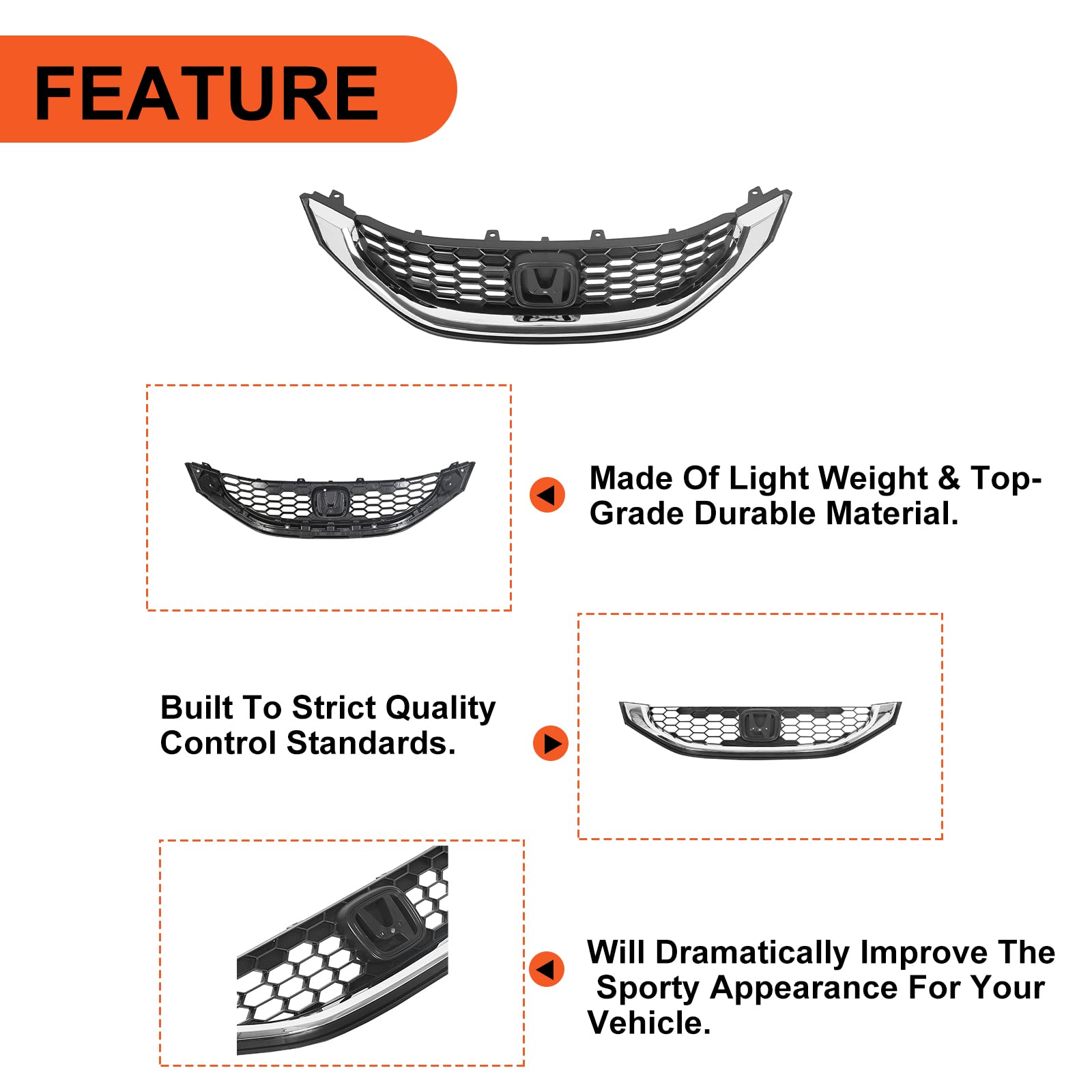 Ecotric Front Grill Compatible With 2013 2014 2015 Honda Civic Sedan Ho1200216 Ho1202109 71121Tr3A01 71122Tr3A01 Front Bumper Hood Grille W/Chrome Molding