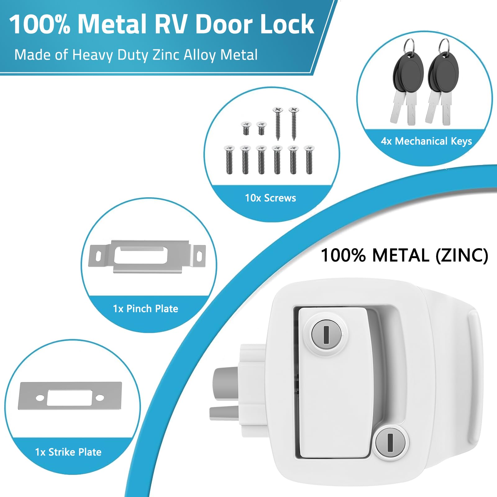 Paulinn Heavy Duty Rv Door Lock Replacement - White Zinc Alloy Paddle Deadbolt Lock, Ip67 Waterproof Camper Door Lock With 4 Key
