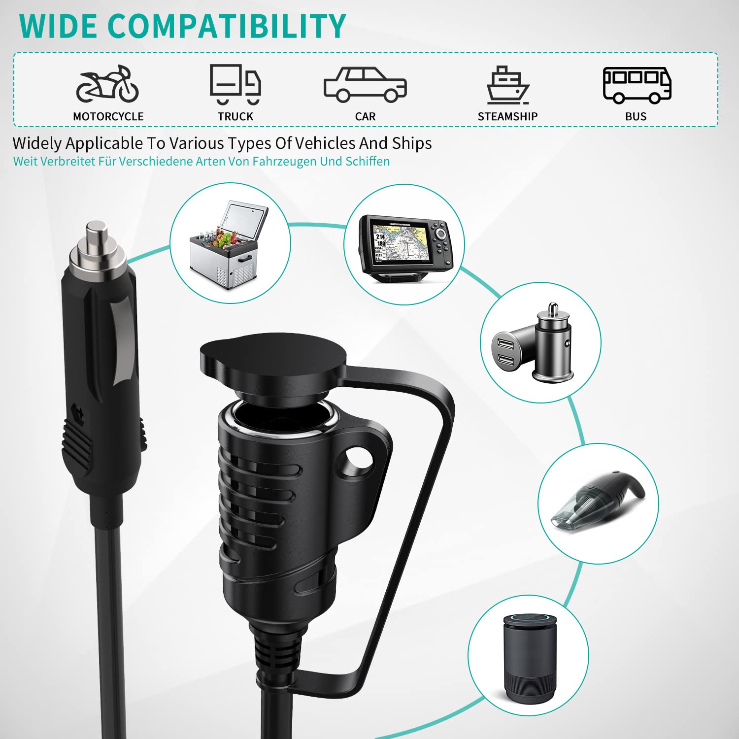 Cigarette Lighter Extension Cable 3.6M-12Ft 16Awg Male To Female Socket, Dc 12V/24V Cigarette Lighter Socket Power Outlet With 1