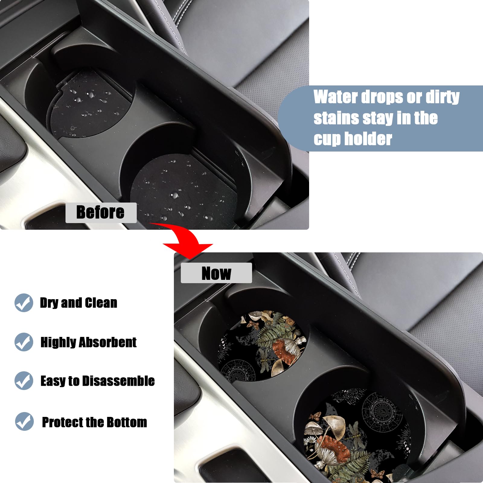 Magic Forest Mushroom Car Cup Holder Coaster - Moon Phase Absorbent Ceramic Coaster, Car Coasters for Cup Holders, Auto Accessor