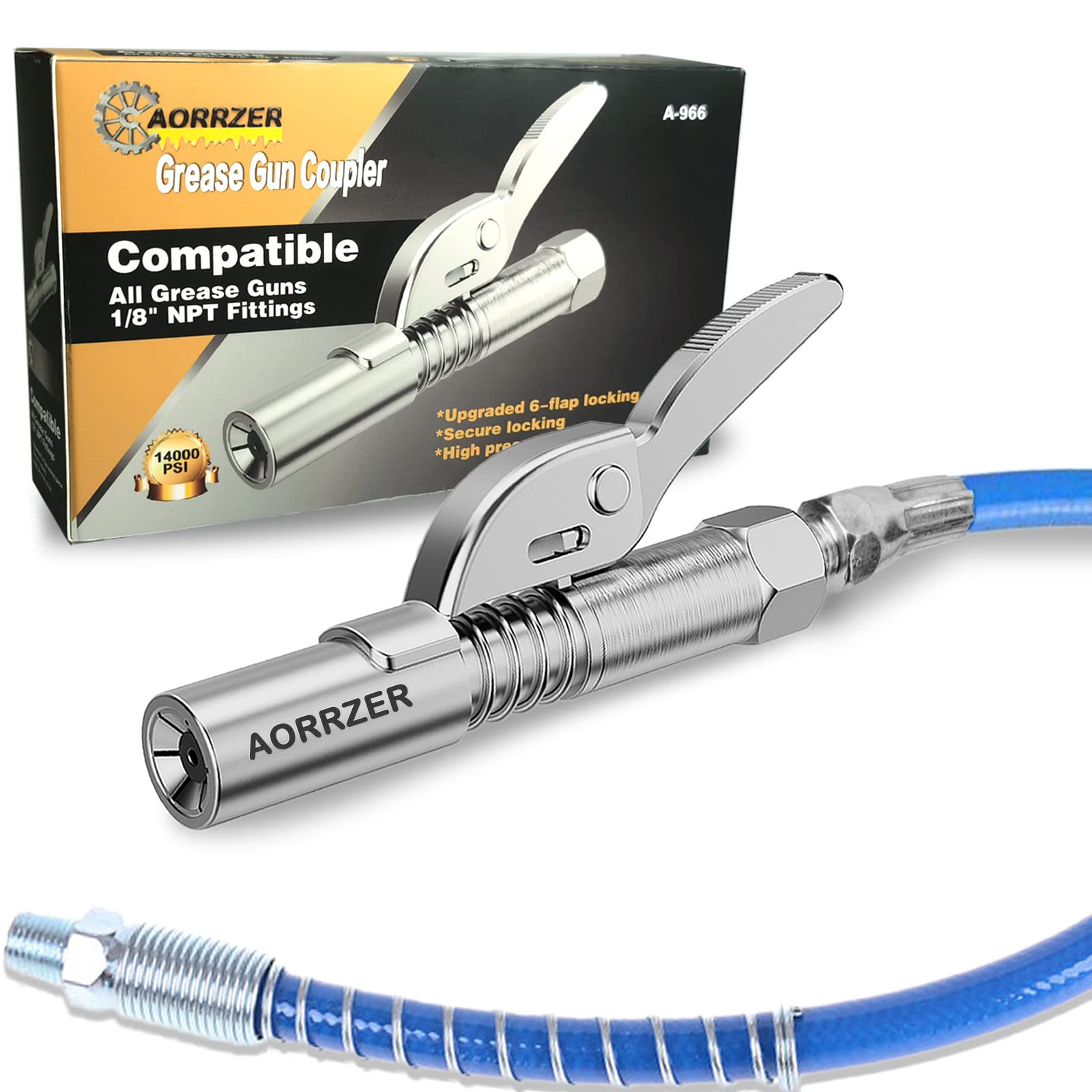 Aorrzer Grease Gun Coupler, Strong Lock On Greases Gun Couplers, 12000 Psi Quick Release Grease Coupler With 12 Spring Flex Hose, Compatible With All Grease Guns 1/8 Npt Grease Gun Fitting(1 Pcs)
