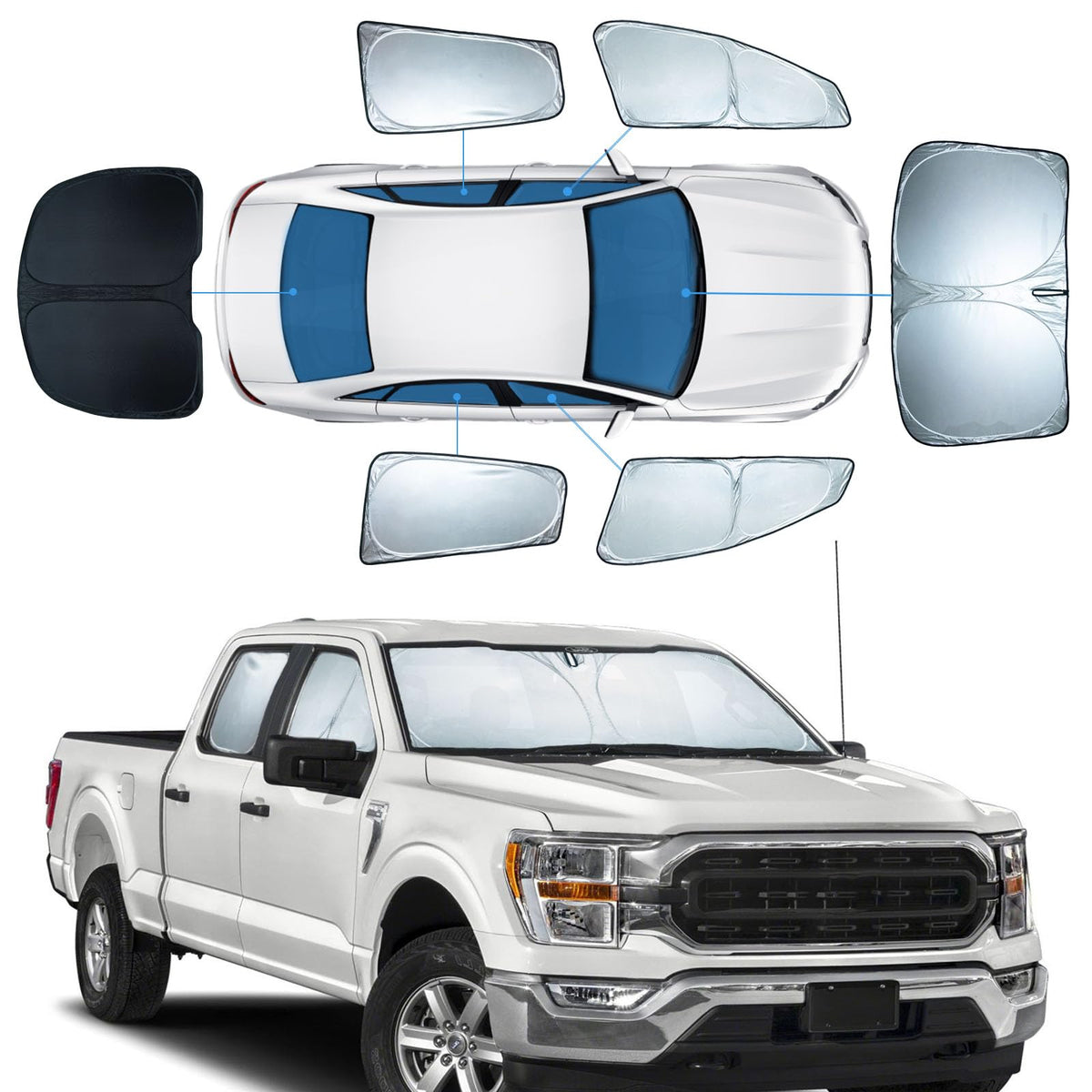 6 PCS Sun Shades for Ford f150 Windshield Sunshade, 2-Layer Full Window Shades for f150 2021-2025 Front Rear Side Window Covers 