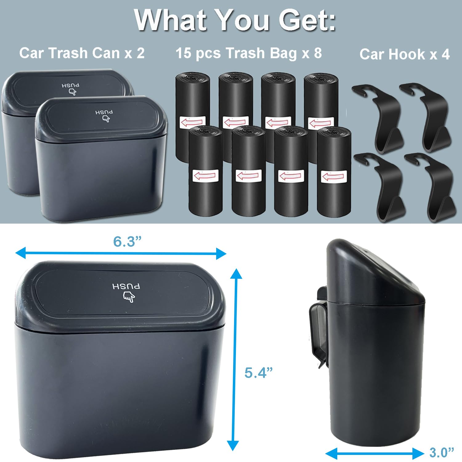 Kitbest (2 Pack Car Trash Can Bin With Lid, 120 Pcs Trash Bags And 4 Pcs Car Hooks. Mini Car Garbage Can, Dustbin Can Organizer