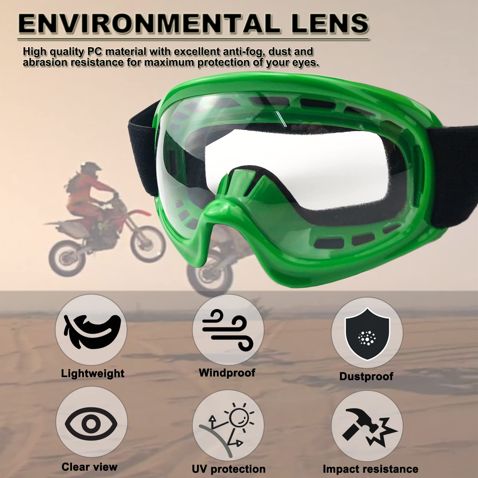 Kids Dirt Bike Goggles Impact-Resistant Adjustable Child Youth Atv Motorcycle Off-Road Riding Motocross Racing Cycling Goggles Glasses For Boys & Girls (Green)