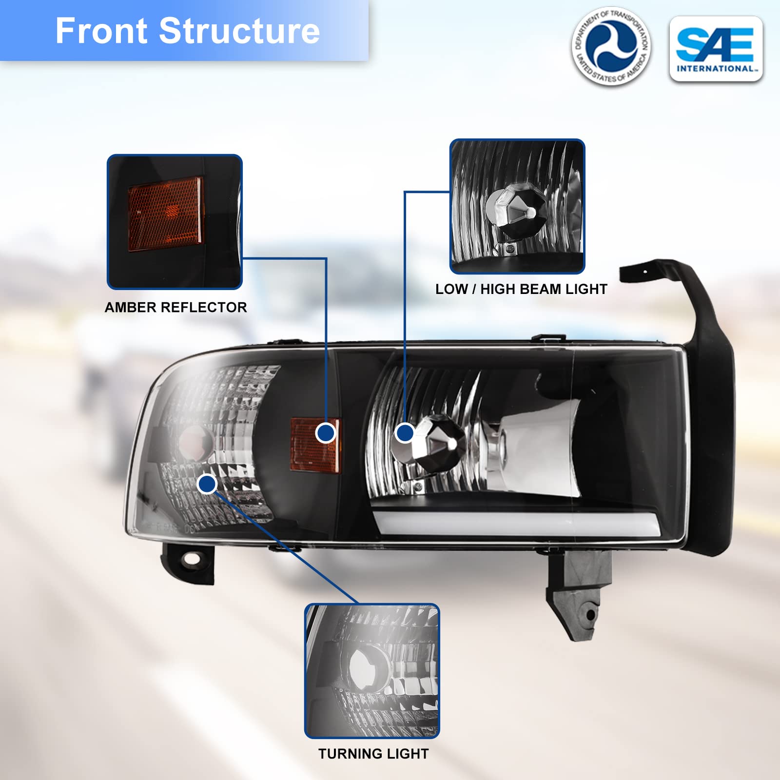 Roxx Drl Headlight Assembly Compatible With 94-01 Dodge Ram 1500/1994 1995 1996 1997 1998 1999 2000 2001 2002 Dodge Ram 2500 3500 (With Drl)