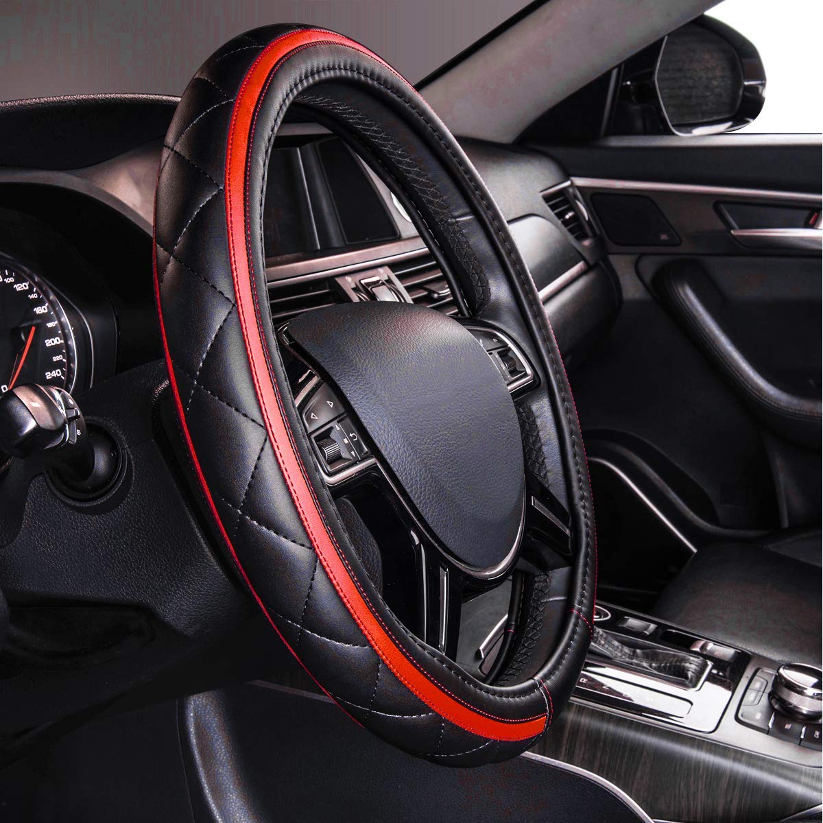 Car Pass Sporty Quilting Leather Universal Fit Steering Wheel Cover,Fit For Suvs,Vans,Sedans,Trucks For 14.7'' To 15'' (Black &