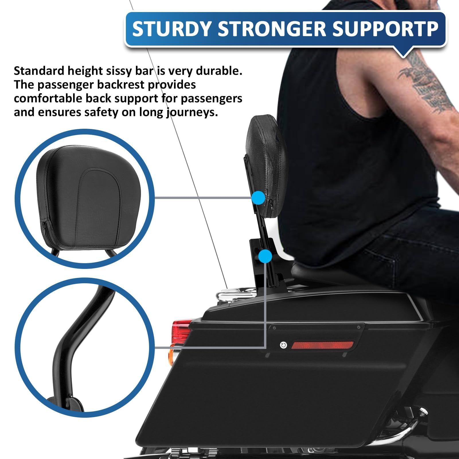 Detachable Gloss Black Sissy Bar w/Passenger Backrest Pad & 4-Point Docking Hardware Kit Compatible with Harley Davidson Touring