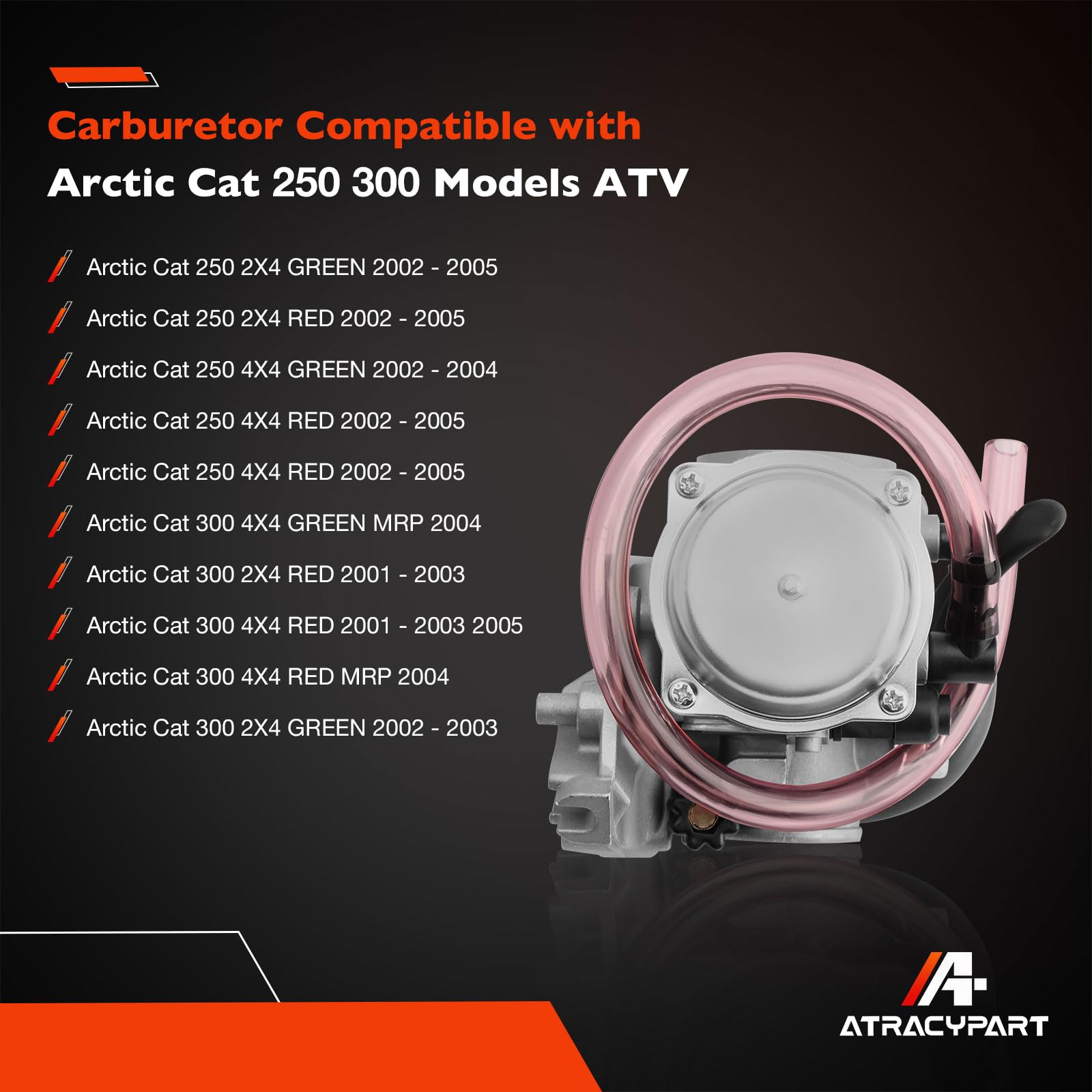 ATRACYPART Carburetor Compatible with Arctic Cat 250/300 2001-2005, Includes Air Filter & Fuel Valve, Model A1555, Red/Green
