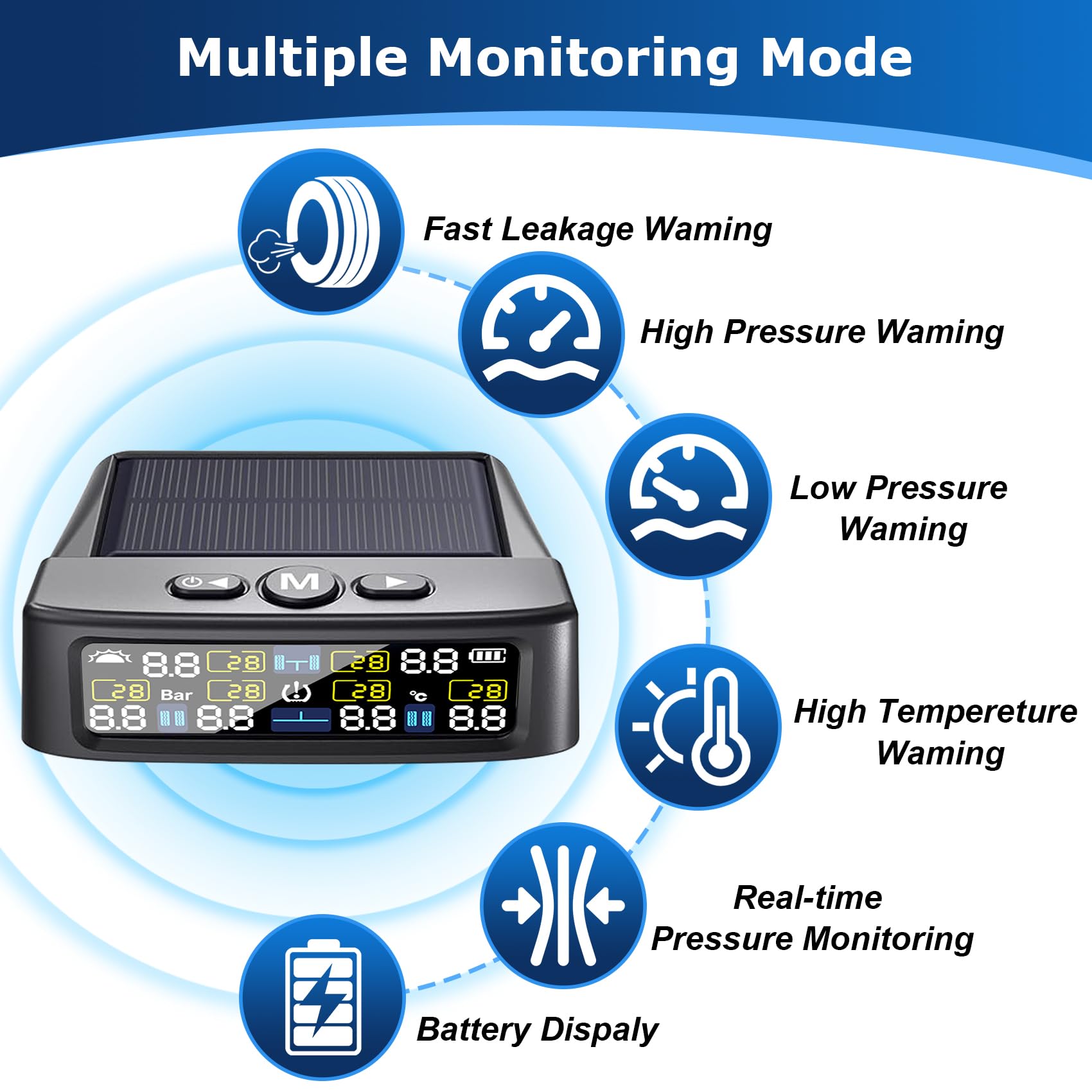 RV Tire Pressure Monitoring System, Tire Pressure Monitor with Solar Charge, TPMS with 6 Sensors & 6 Alarm Modes, M12-3 TPMS Upd