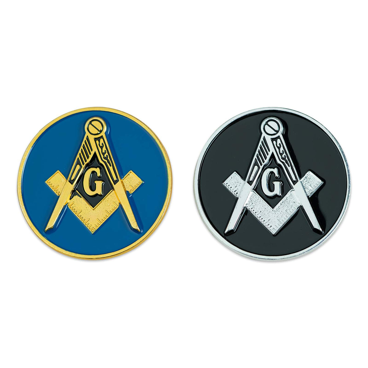 Square & Compass Round Gold & Silver Masonic Auto Emblem Combo Pack - [2'' Diameter]