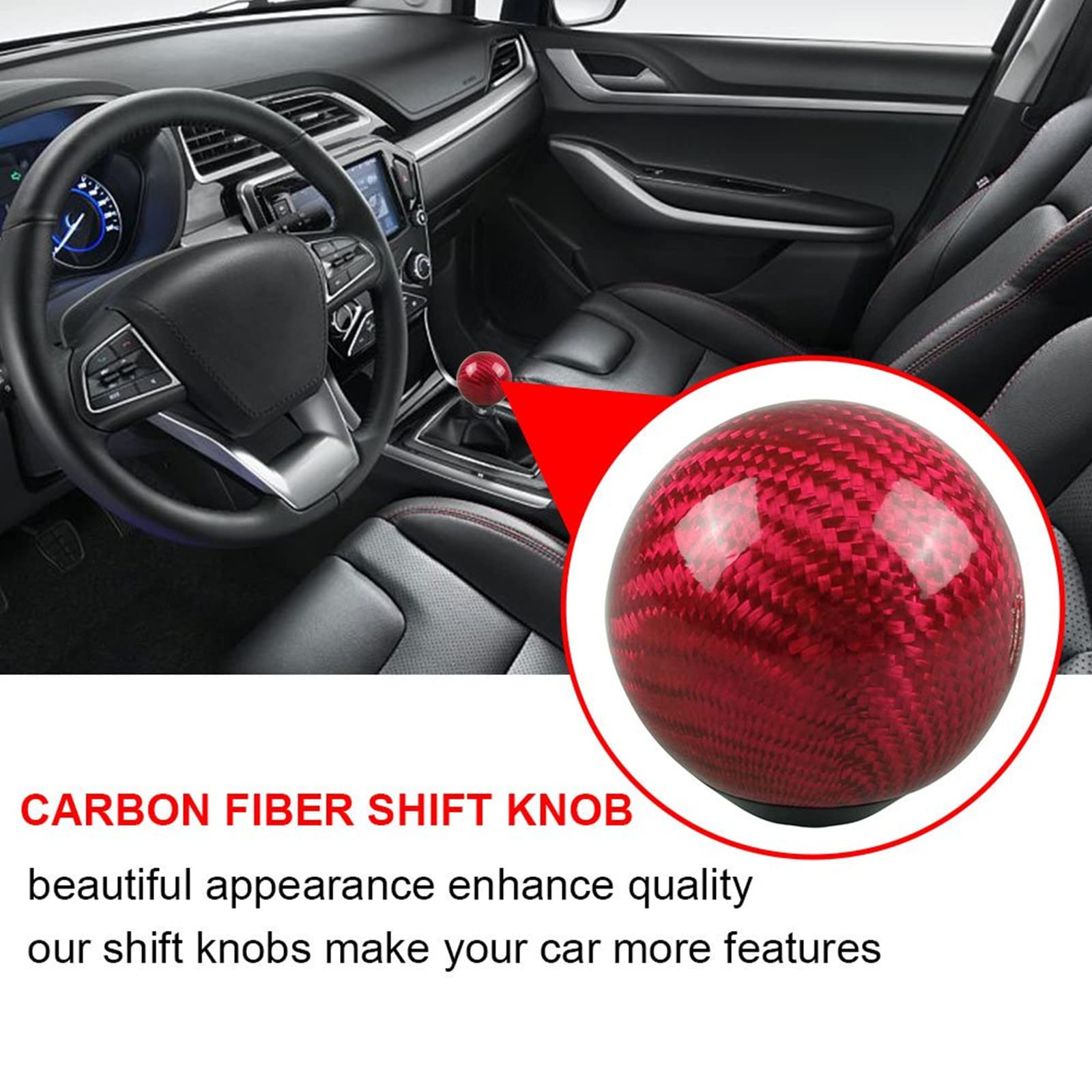 RYANSTAR Carbon Fiber Shift Knob Gear Shifter Knobs with 3 Adapters Round Ball Stick Shifter Level Red