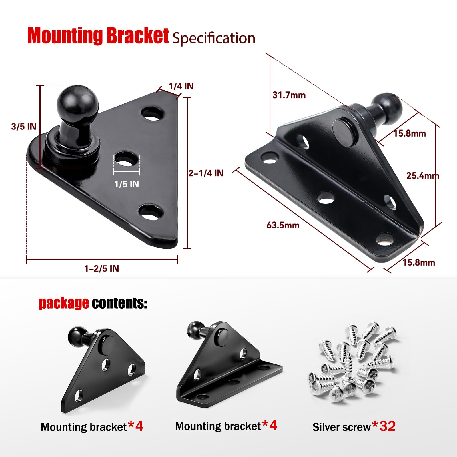 Vepagoo 10Mm Ball Stud Mounting Bracket For Gas Shock Spring Strut Prop Lift Support With 4Pcs L-Type, 4Pcs Flat-Type And 32Pcs