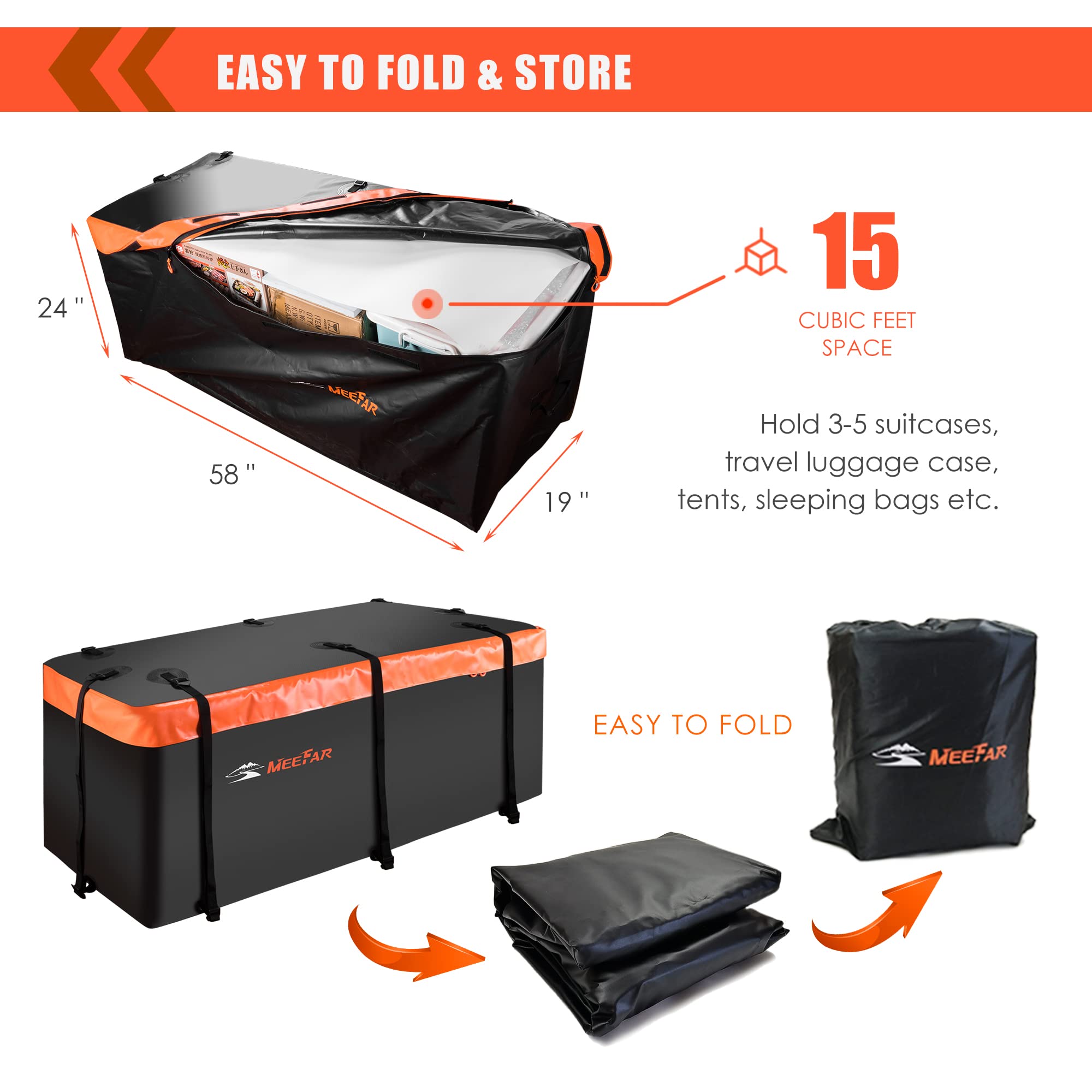Meefar Hitch Mount Cargo Carrier Bag Soft Shell 100% Waterproof 15 Cubic Feet (58' 19' 24') Include 8 Reinforced Straps For Truck Pickup All Vehicle With Steel Cargo Basket