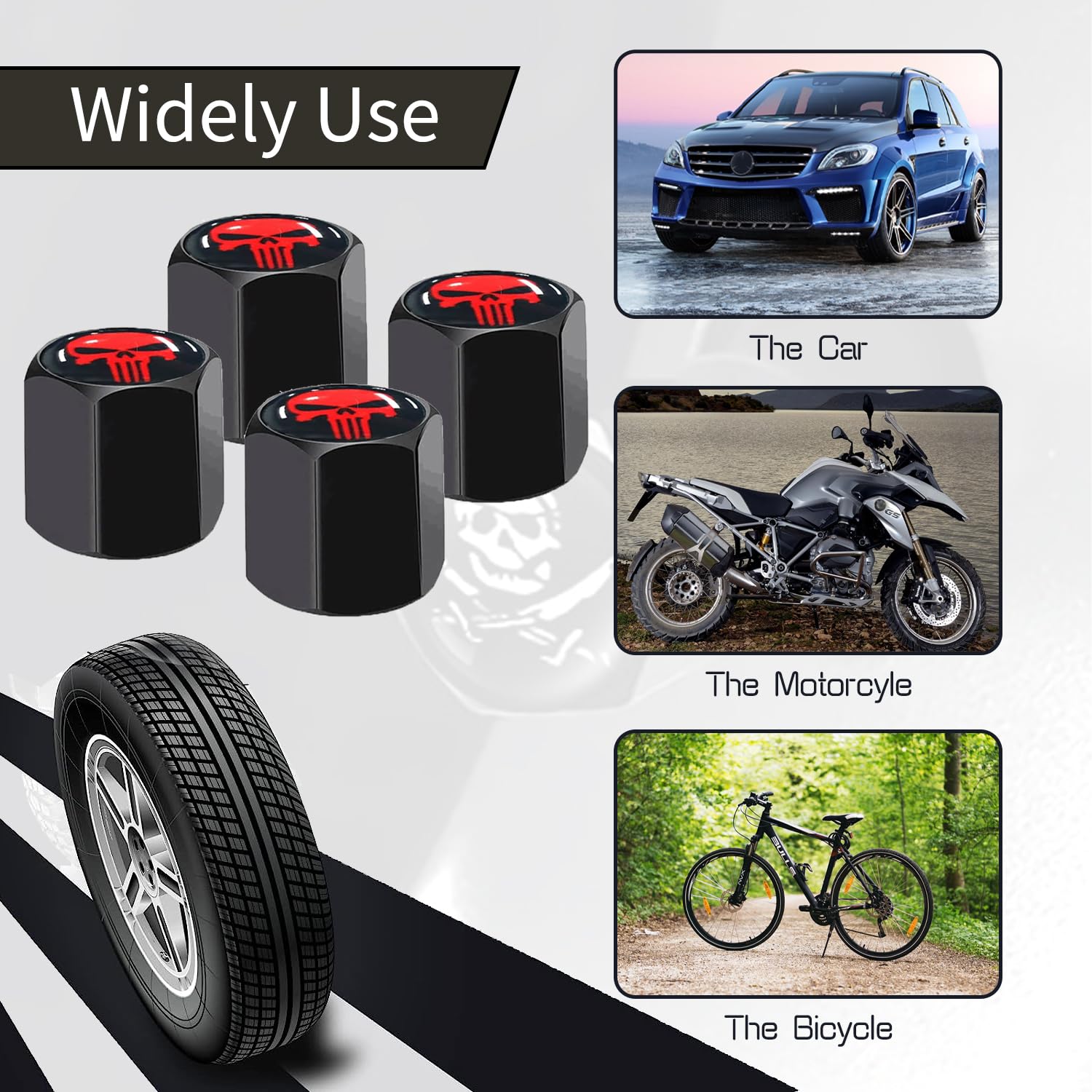 Zkfar Pack-4 Skull Car Wheel Tire Valve Stem Caps, Anti-Theft Tire Air Valve Caps, Airtight Dust Proof Covers (Black)