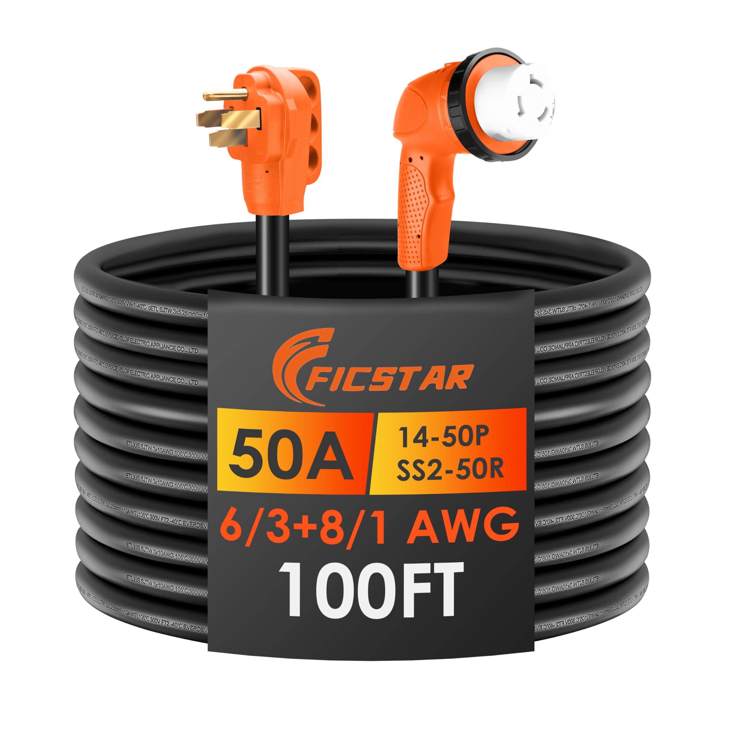 50 Amp RV Extension Cord 100 ft, Heavy Duty 6/3+8/1 SJTW AWG RV Power Cord with Grip Handle Twist Lock, NEMA 14-50P to SS2-50R w