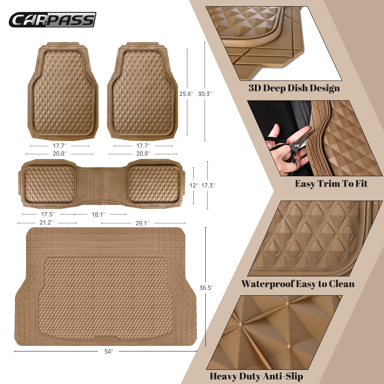 Car Pass Heavy Duty Rubber Beige Car Floor Mats & Cargo Liners, Deep Dish All-Weather Trunk Mats Durable Anti-Slip 3D Rhombus Wa