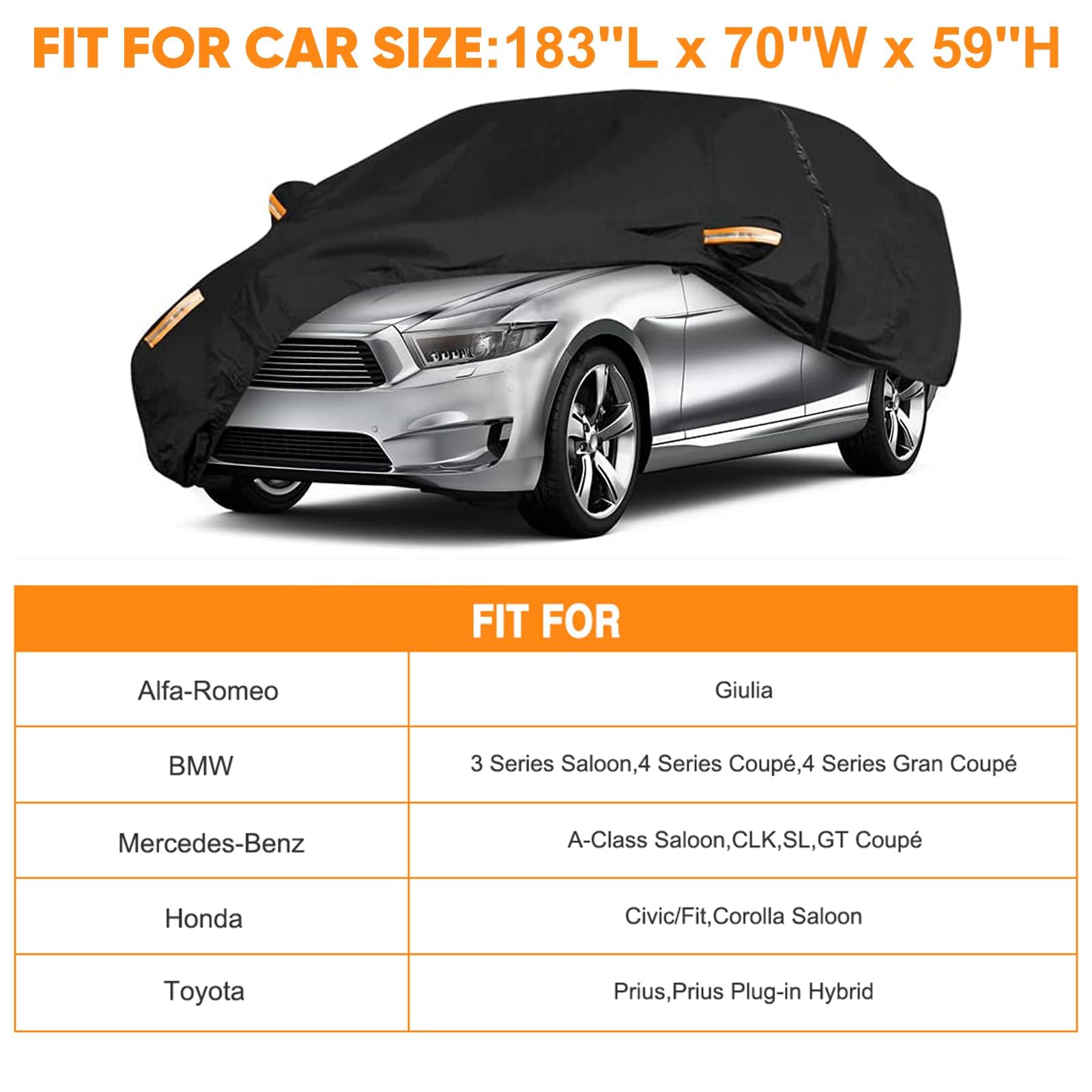 Neverland Sedan Car Cover Waterproof Heavy Duty All Weather Protection Snow Anti-Uv Windproof Outdoor Full Car Cover Fit For Automobiles Bmw/Mercedes-Benz/Honda(For Car Size:183''L X 70''W X 59''H)