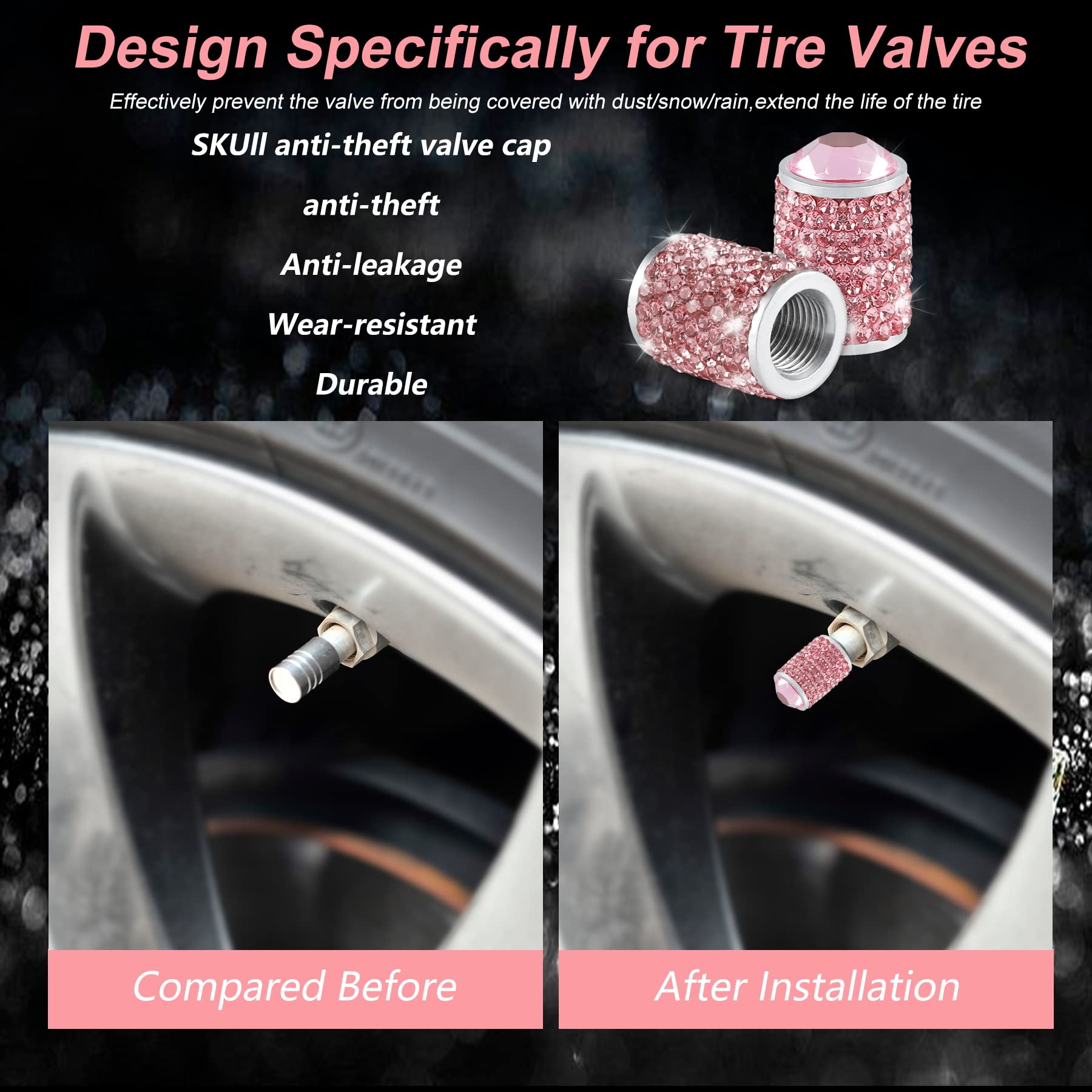 Alpmosn Car Wheel Tire Valve Caps, 4 Pcs Bling Tire Valve Caps, Crystal Tire Caps Shinny Rhinestone For Women, Universal Car Dus