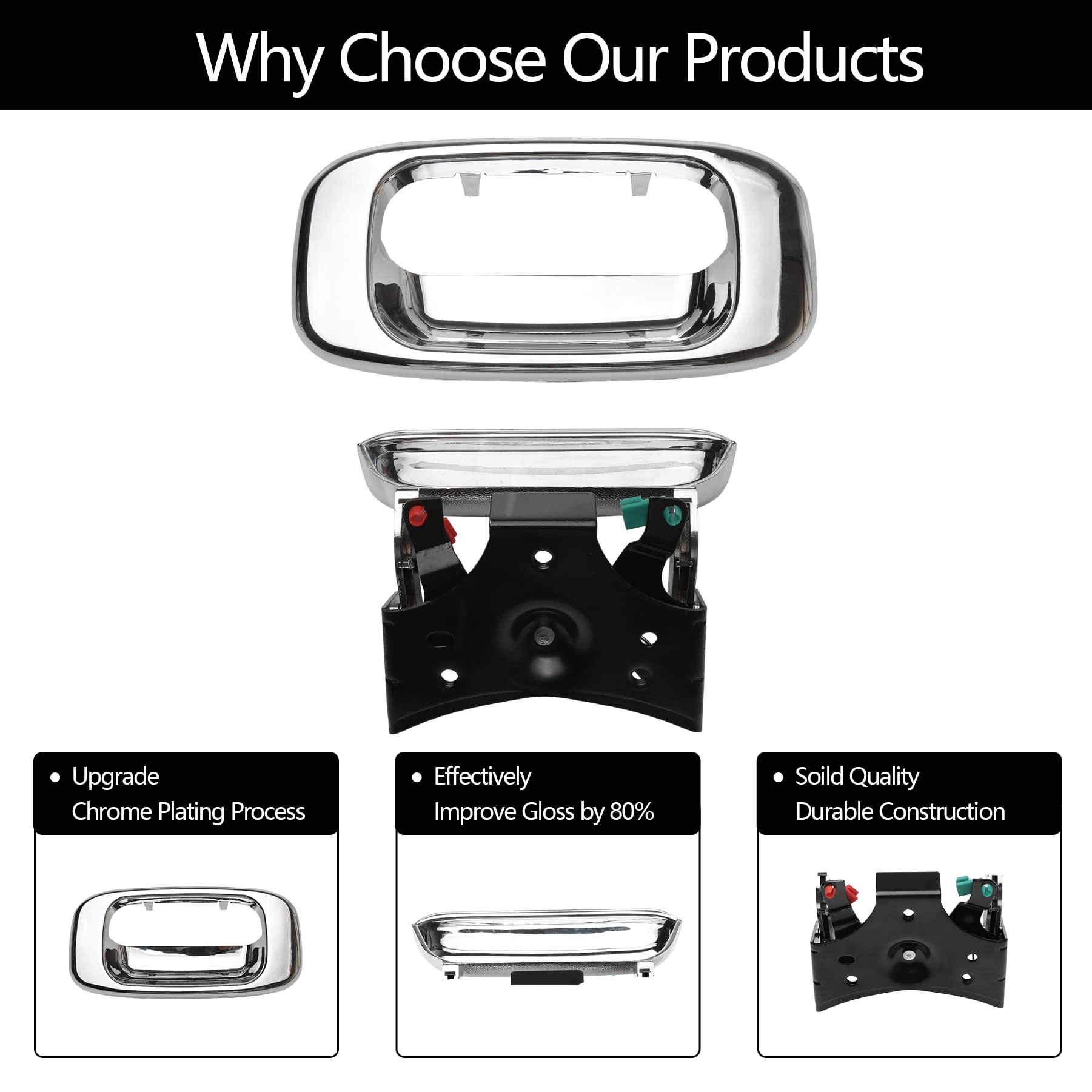 Tailgate Door Handle & Bezel Lock Set, Compatible With 1999-2007 Chevy Silverado Gmc Sierra 1500 2500 3500, Chrome Exterior Rear