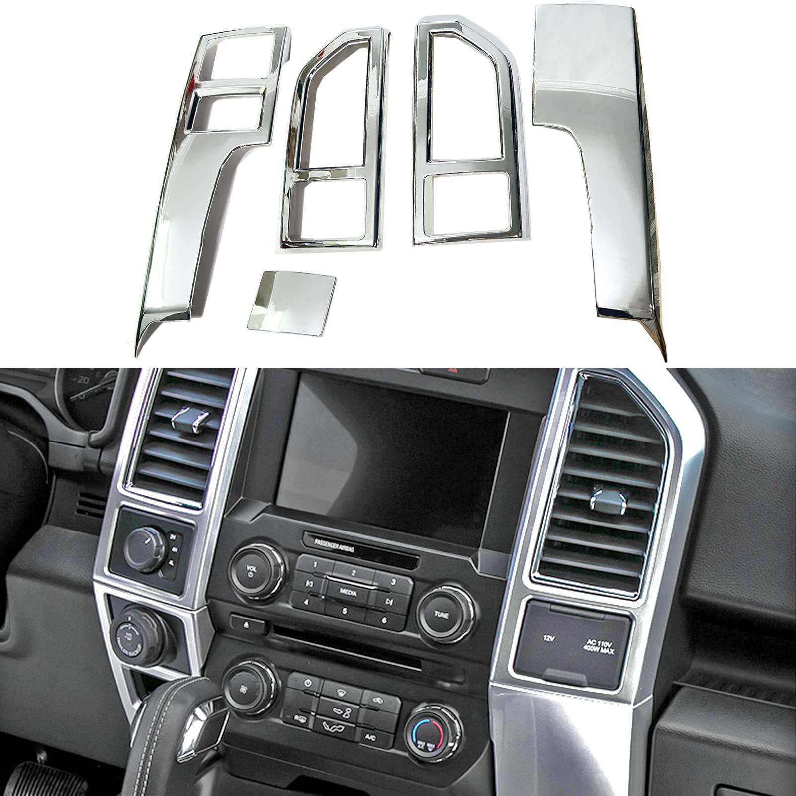 Keptrim For F150 Chrome Central Console Air Conditioner Panel Trim For 2015 2016 2017 2018 2019 2020 Ford F150, 5Pcs