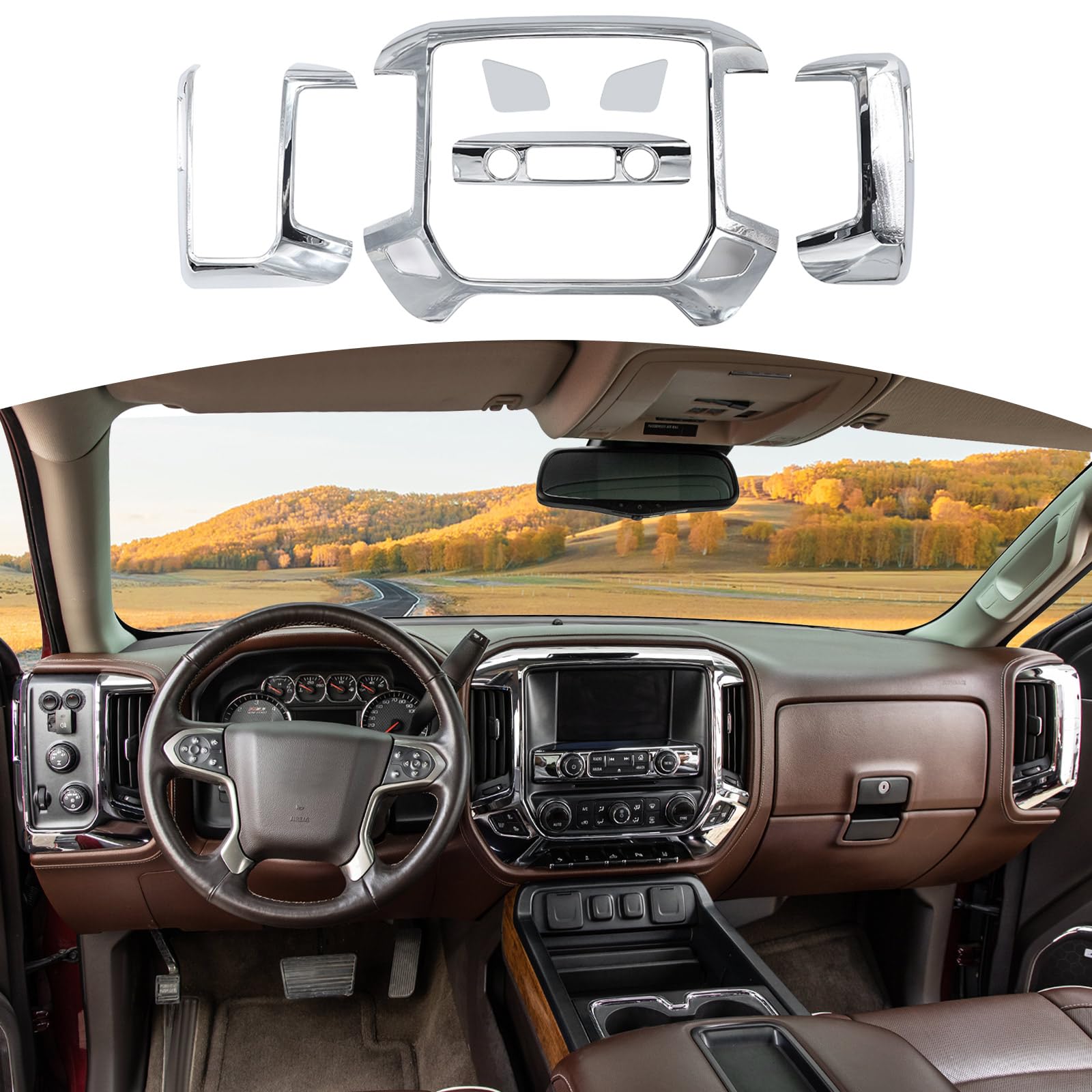 RT-TCZ for Silverado Dashboard Panel Trim Cover Chrome Bezel for GMC Sierra Chevy Silverado 2014-2017 Silver Chrome Interior Accessories 4pcs