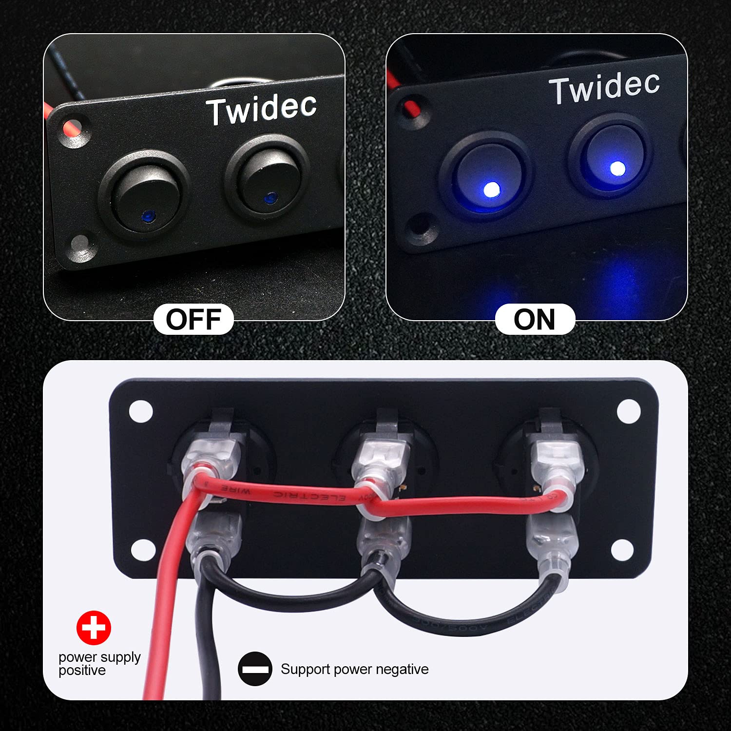 Twidec/3 Gang Rocker Toggle Switch Panel With 12V Dc Round Dot Lighted 20A 3 Pins On/Off Spst Switch Control For Car Or Boat Blue Led Light Kcd2-102N-Bu-Xbz
