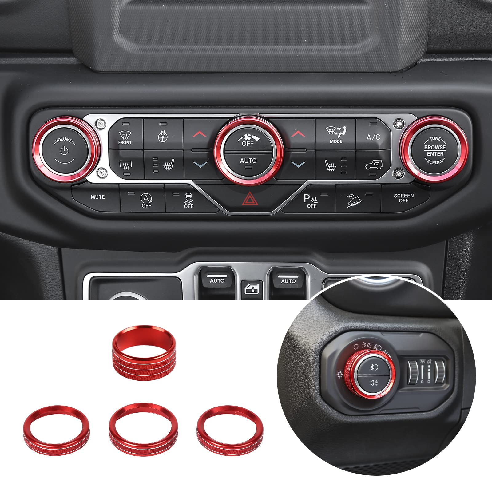 Voodonala Air Conditioner Headlight Switch Knob Trim for 2018-2024 Jeep Wrangler JL JLU Gladiator JT,Thin Red Aluminum Alloy 4pc